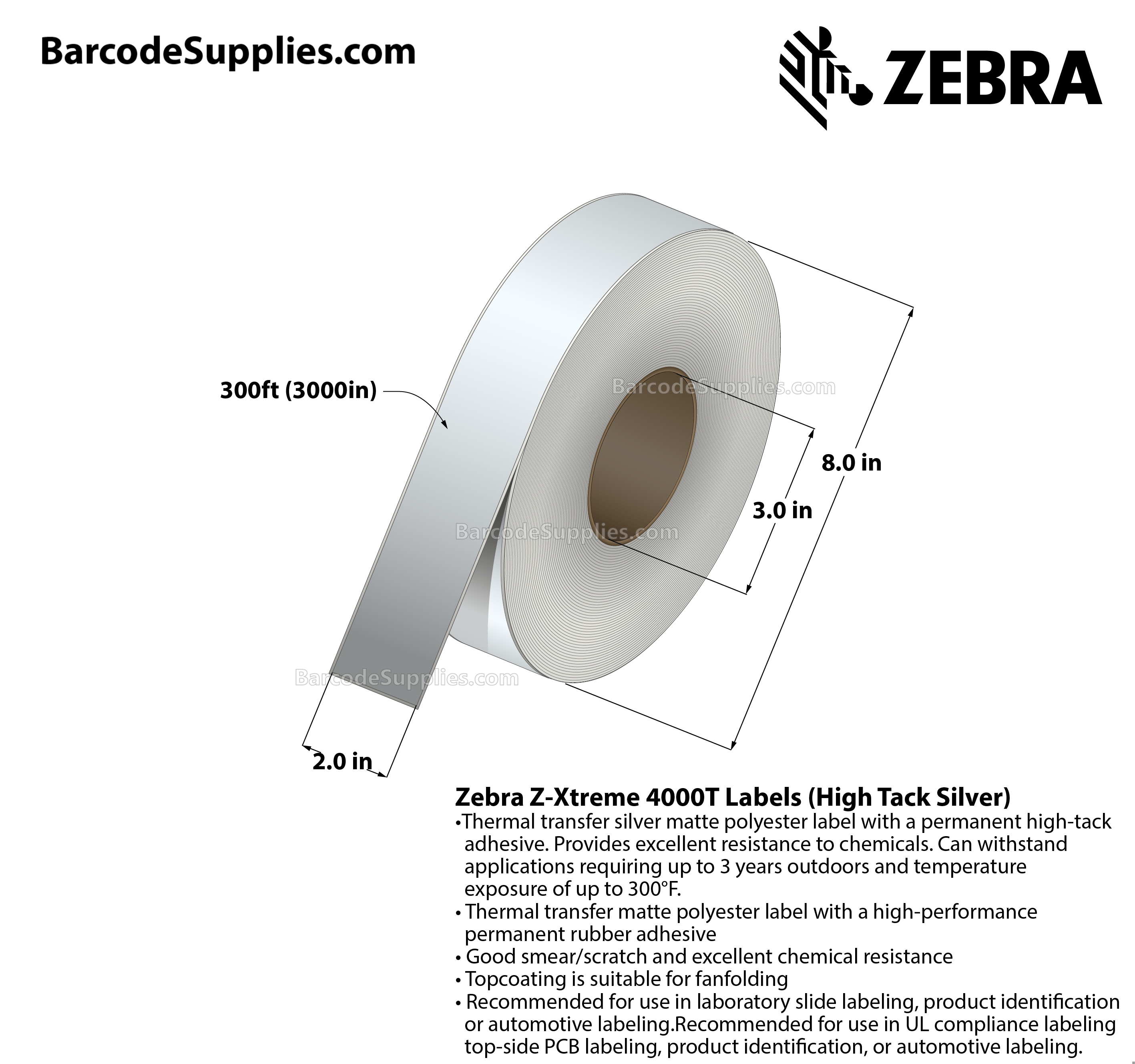 2 x 300' Thermal Transfer Silver Z-Xtreme 4000T High-Tack Silver Labels With High-tack Adhesive - Continuous - Labels Per Roll - Carton Of 1 Rolls - 0 Labels Total - MPN: 10023176