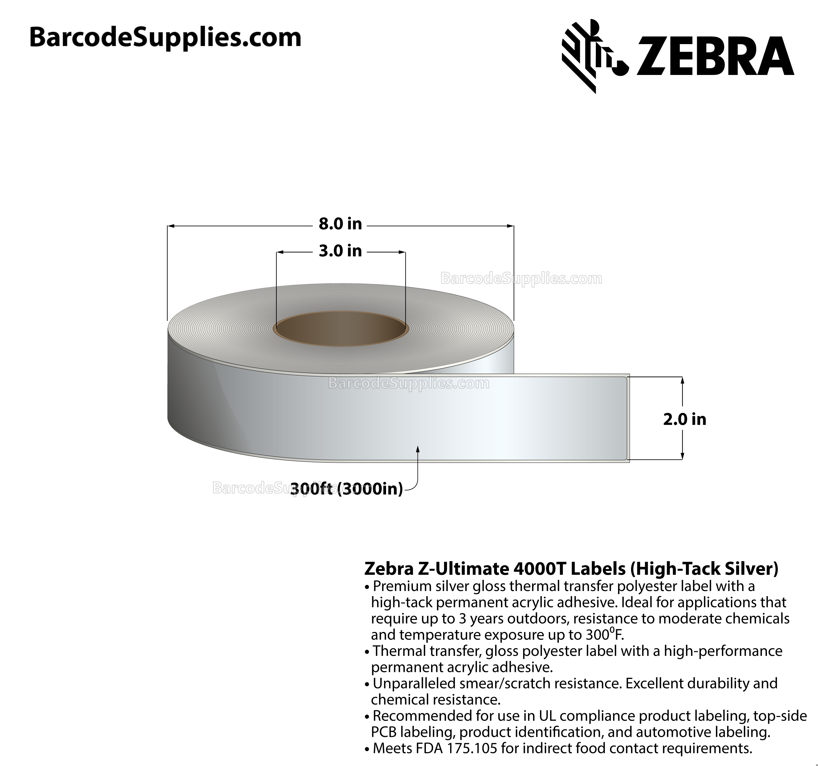 Products 2 x 300' Thermal Transfer Silver Z-Ultimate 4000T High-Tack Silver Labels With High-tack Adhesive - Continuous - Labels Per Roll - Carton Of 1 Rolls - 0 Labels Total - MPN: 10023353