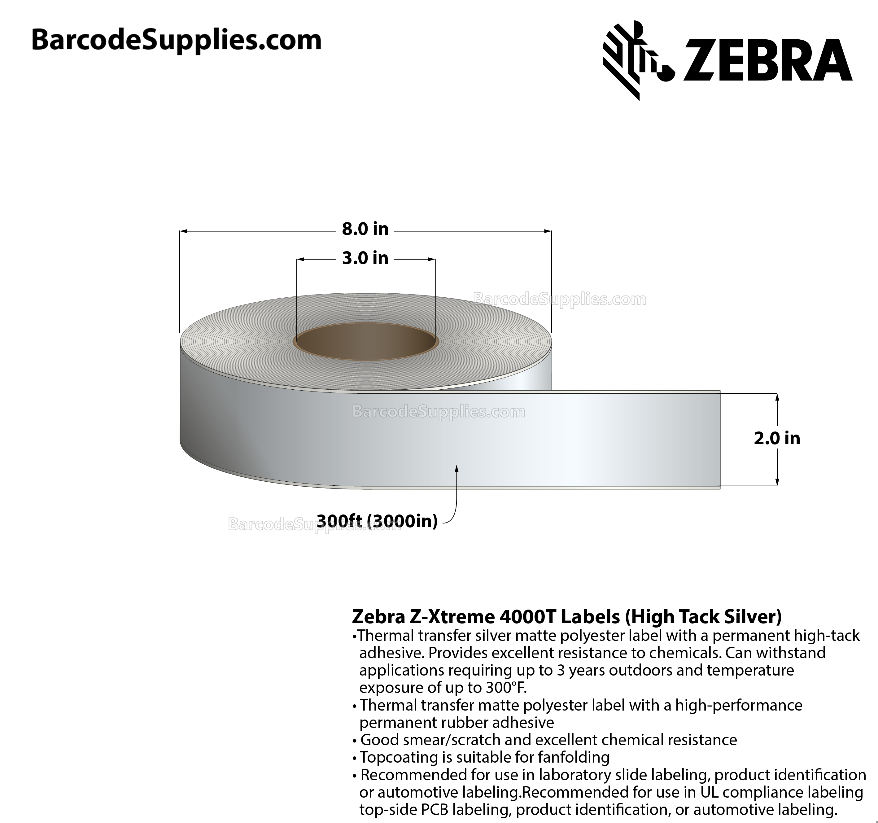2 x 300' Thermal Transfer Silver Z-Xtreme 4000T High-Tack Silver Labels With High-tack Adhesive - Continuous - Labels Per Roll - Carton Of 1 Rolls - 0 Labels Total - MPN: 10023176