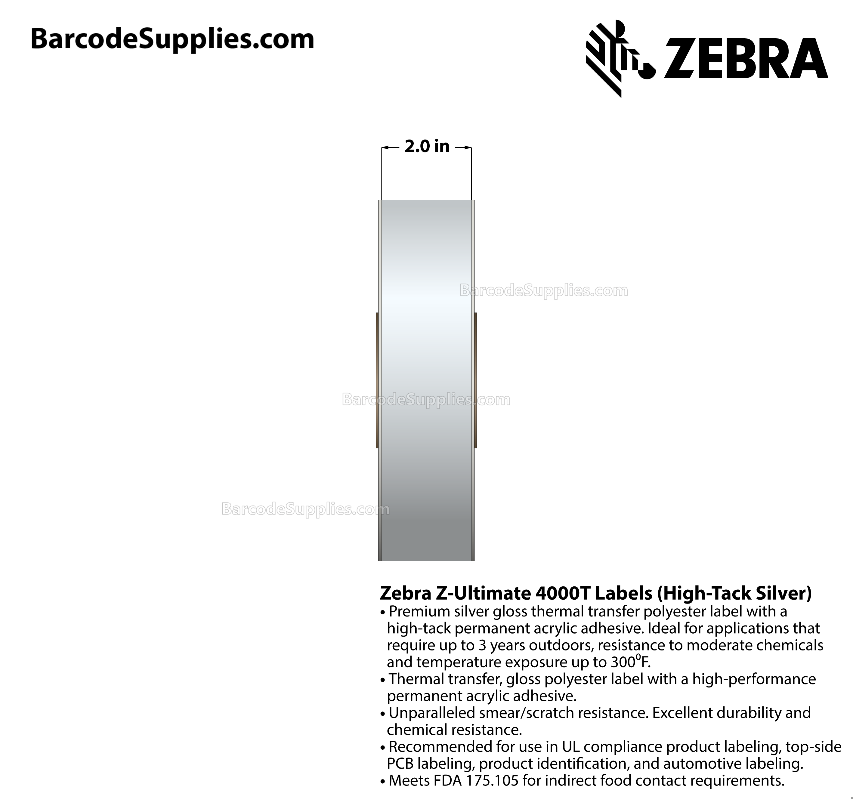 Products 2 x 300' Thermal Transfer Silver Z-Ultimate 4000T High-Tack Silver Labels With High-tack Adhesive - Continuous - Labels Per Roll - Carton Of 1 Rolls - 0 Labels Total - MPN: 10023353