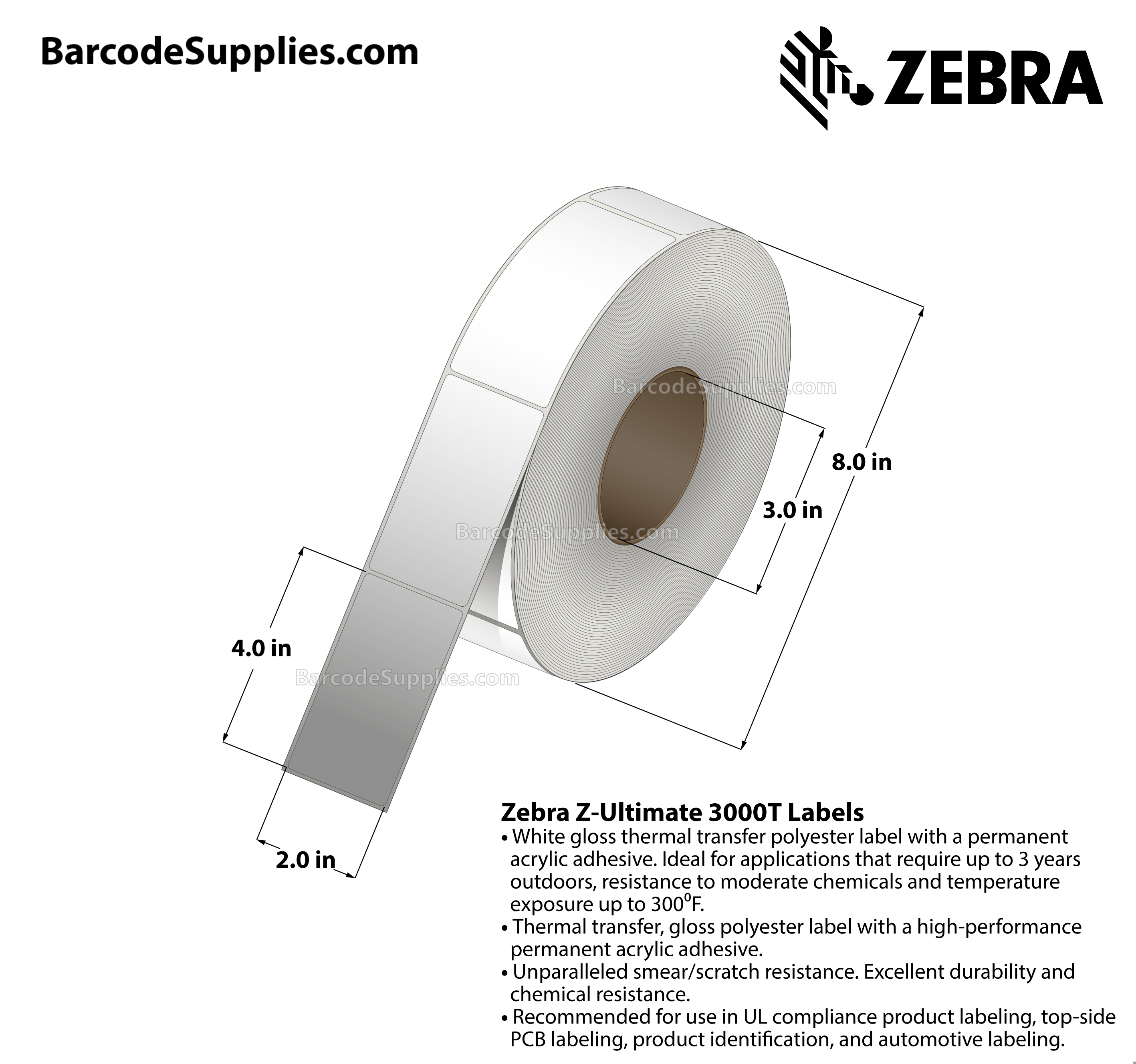 2 x 4 Thermal Transfer White Z-Ultimate 3000T Labels With Permanent Adhesive - Not Perforated - 1570 Labels Per Roll - Carton Of 4 Rolls - 6280 Labels Total - MPN: 10011699