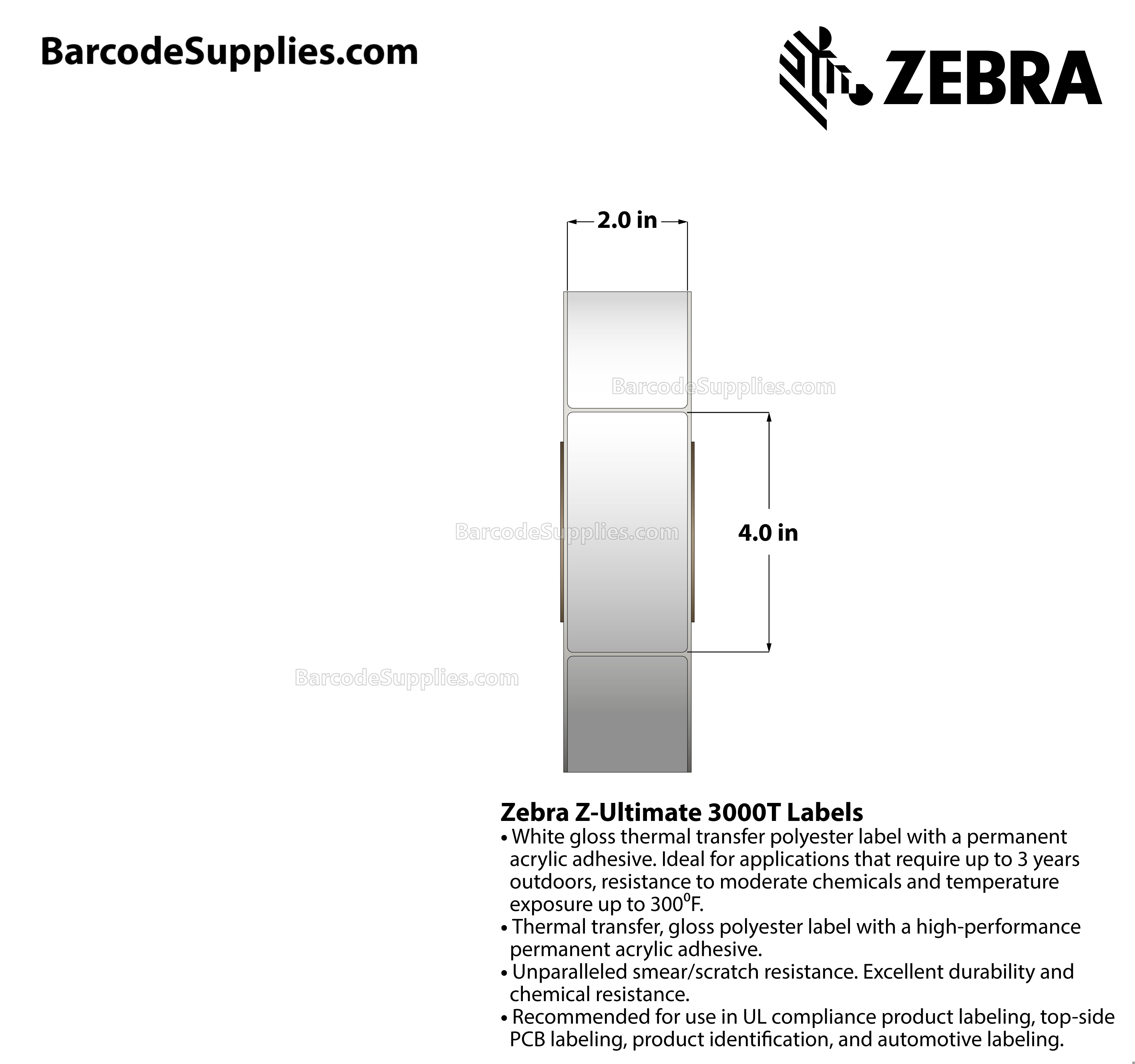 2 x 4 Thermal Transfer White Z-Ultimate 3000T Labels With Permanent Adhesive - Not Perforated - 1570 Labels Per Roll - Carton Of 4 Rolls - 6280 Labels Total - MPN: 10011699