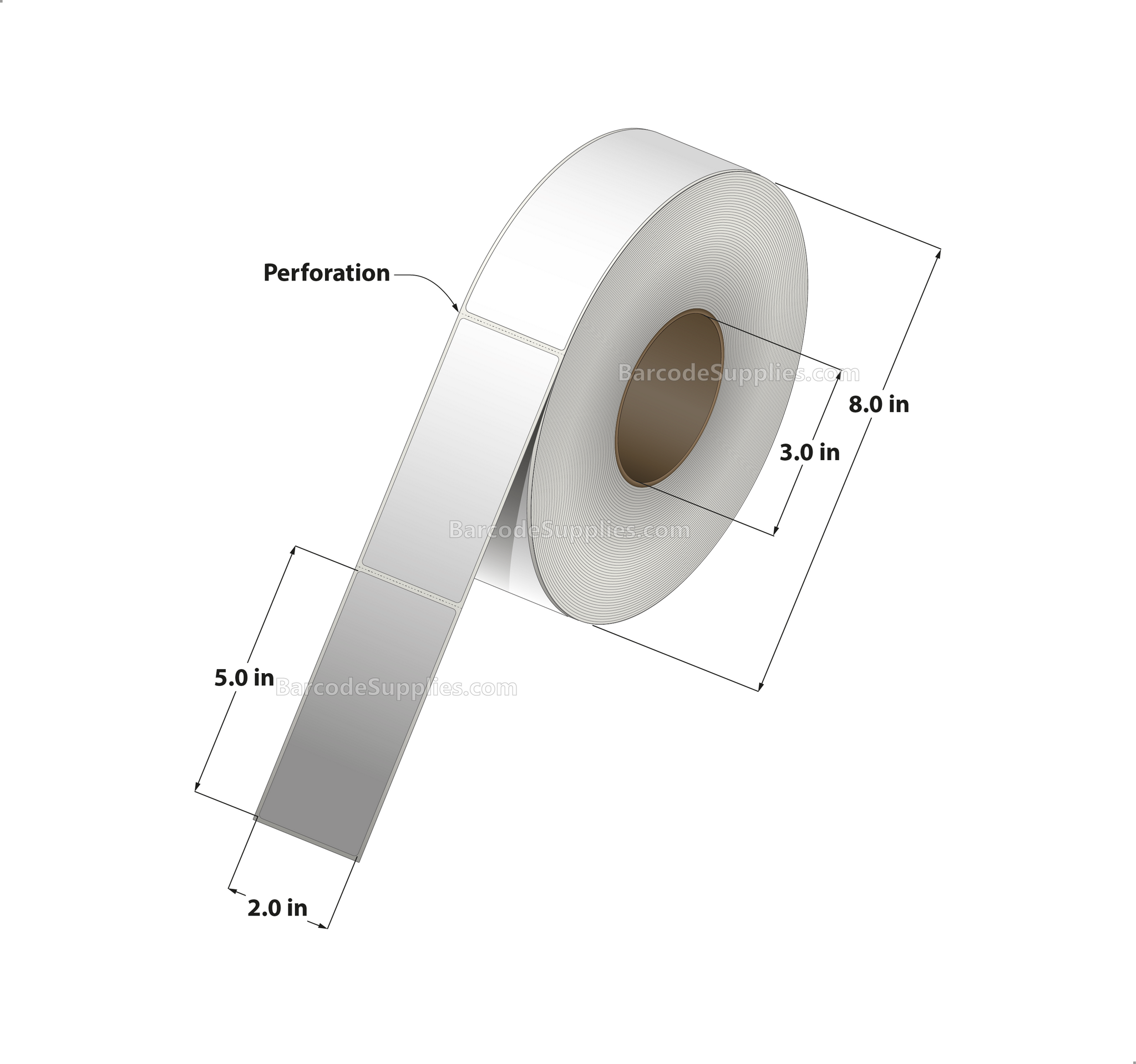 2 x 5 Thermal Transfer White Labels With Permanent Adhesive - Perforated - 1200 Labels Per Roll - Carton Of 8 Rolls - 9600 Labels Total - MPN: RT-2-5-1200-3