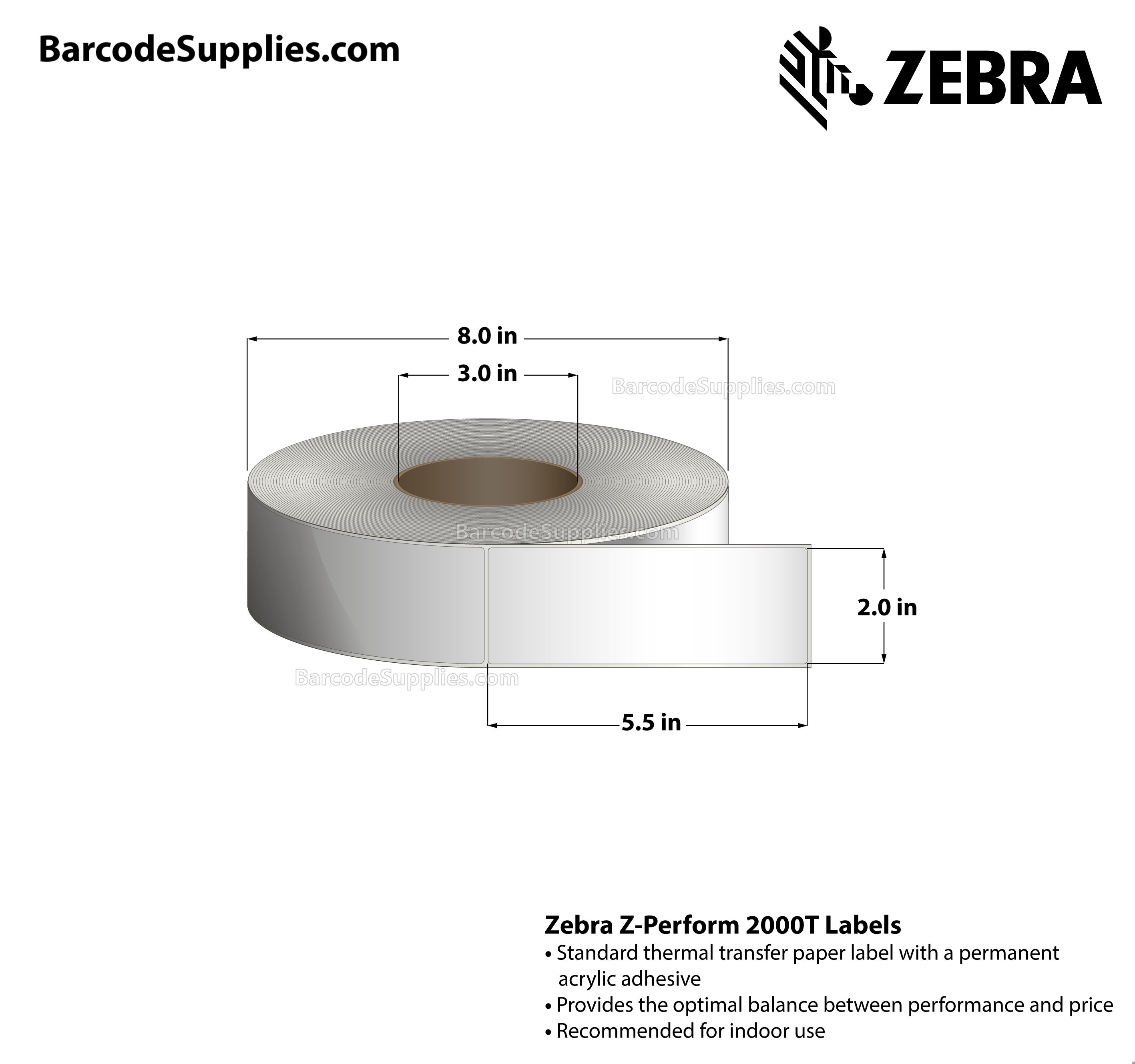 2 x 5.5 Thermal Transfer White Z-Perform 2000T All-Temp Labels With All-Temp Adhesive - Not Perforated - 1050 Labels Per Roll - Carton Of 10 Rolls - 10500 Labels Total - MPN: 72305