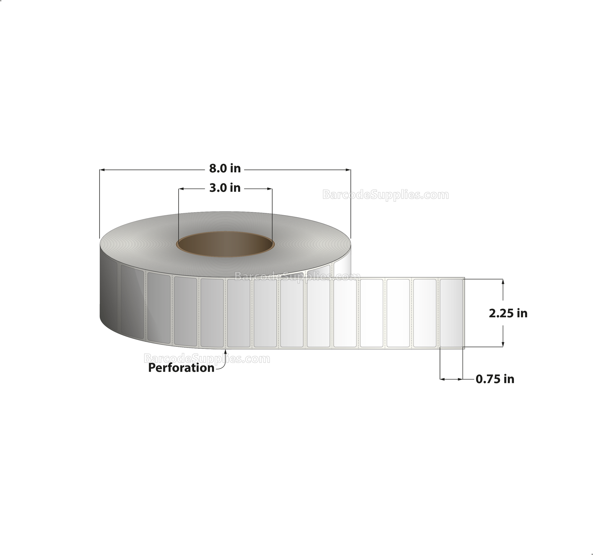 2.25 x 0.75 Thermal Transfer White Labels With Permanent Adhesive - Perforated - 7500 Labels Per Roll - Carton Of 8 Rolls - 60000 Labels Total - MPN: RT-225-075-7500-3