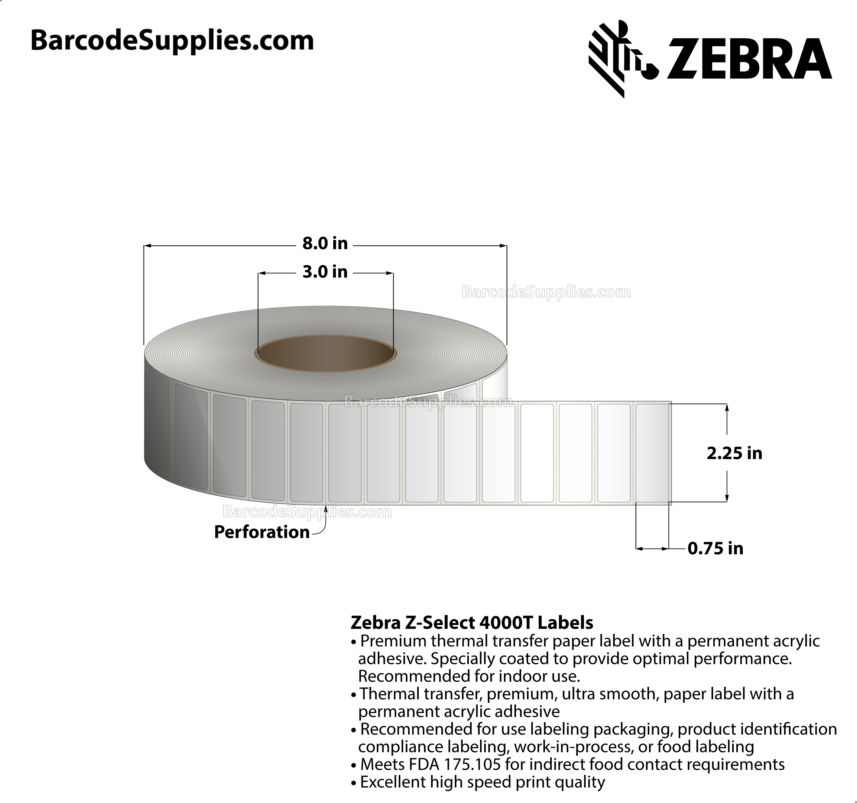 2.25 x 0.75 Thermal Transfer White Z-Select 4000T Labels With Permanent Adhesive - Perforated - 7995 Labels Per Roll - Carton Of 4 Rolls - 31980 Labels Total - MPN: 800622-075