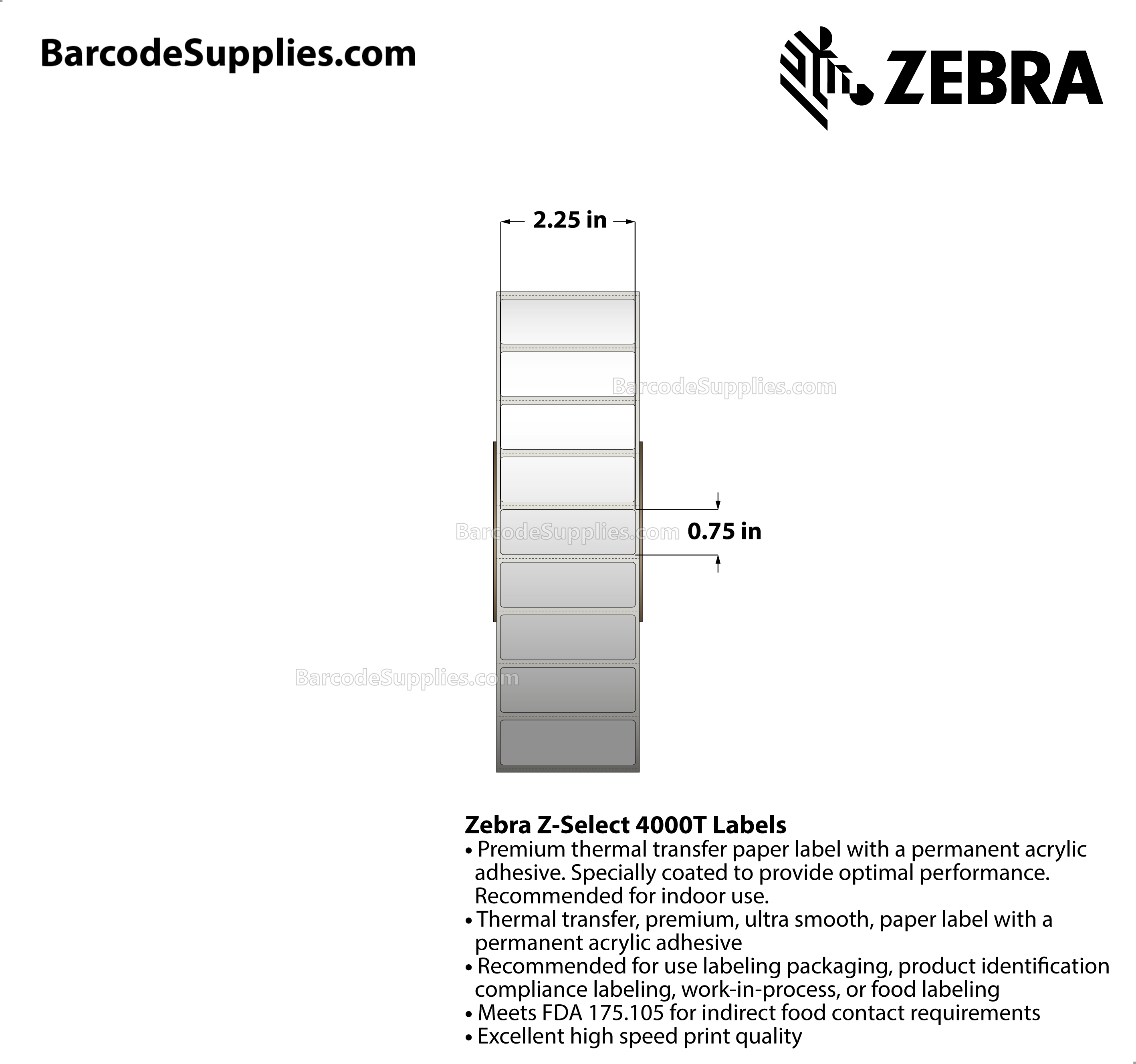 2.25 x 0.75 Thermal Transfer White Z-Select 4000T Labels With Permanent Adhesive - Perforated - 7995 Labels Per Roll - Carton Of 4 Rolls - 31980 Labels Total - MPN: 800622-075