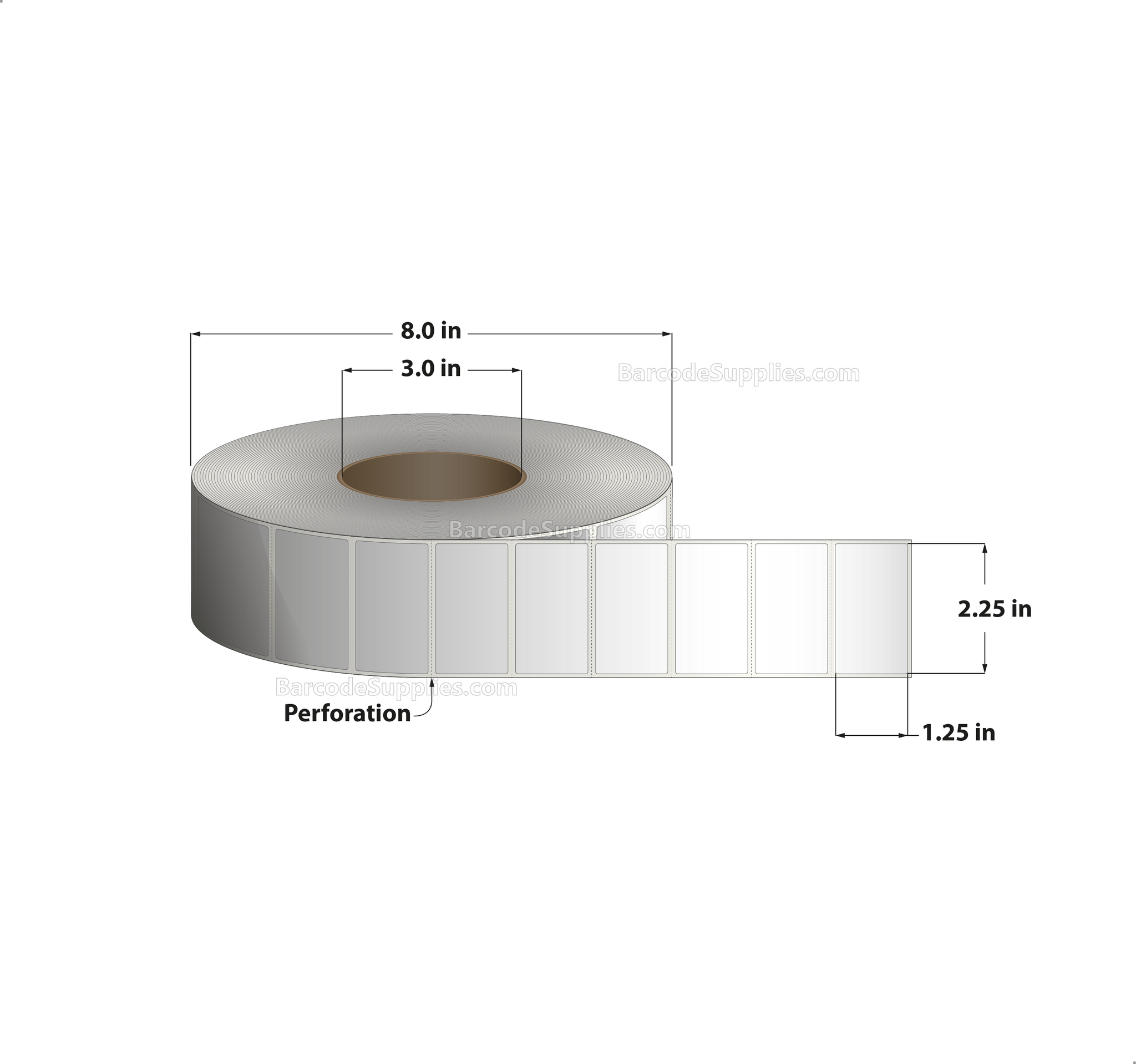 2.25 x 1.25 Direct Thermal White Labels With Acrylic Adhesive - Perforated - 4450 Labels Per Roll - Carton Of 8 Rolls - 35600 Labels Total - MPN: RD-225-125-4450-3 - BarcodeSource, Inc.
