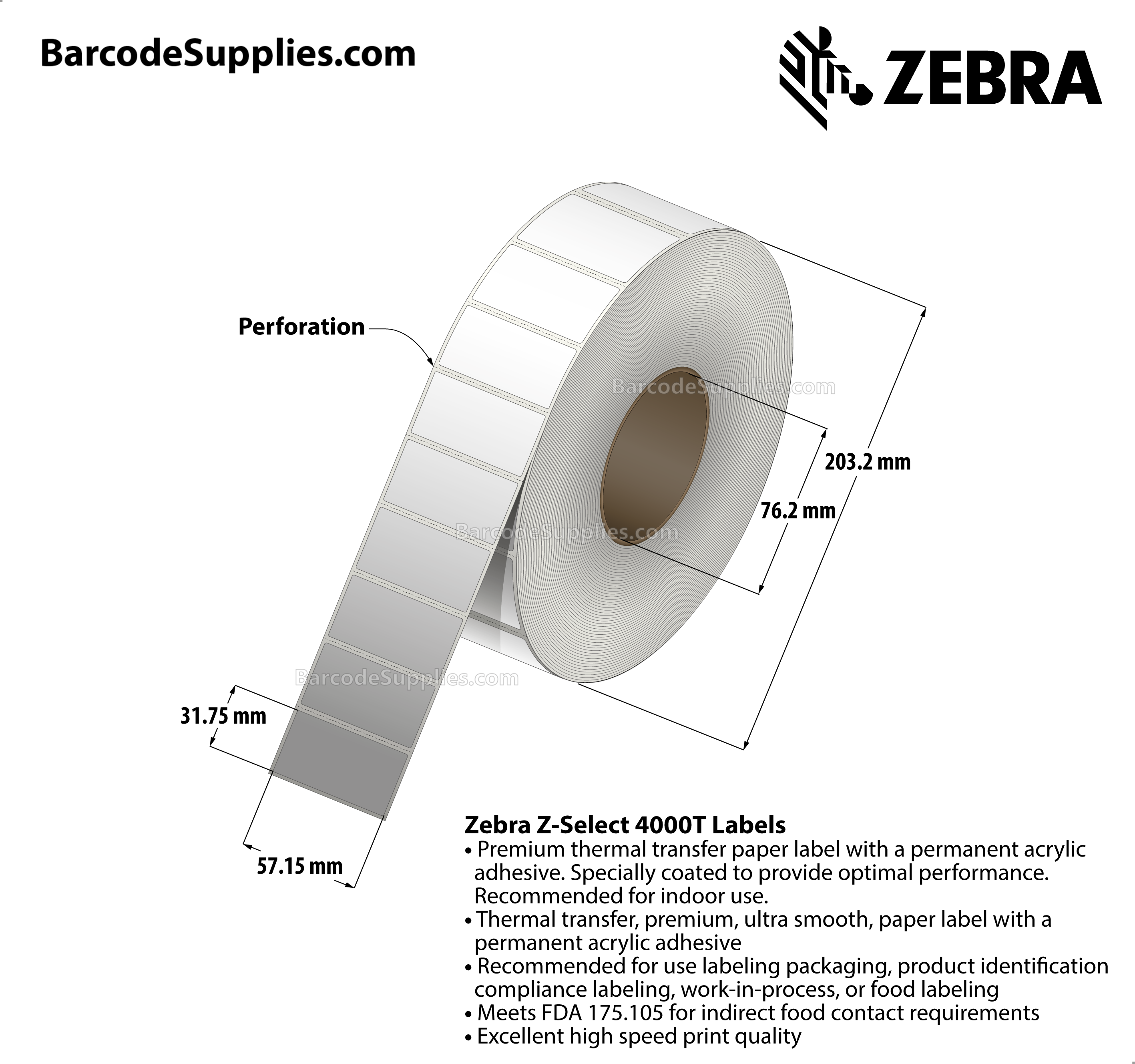 2.25 x 1.25 Thermal Transfer White Z-Select 4000T Labels With Permanent Adhesive - Perforated - 5087 Labels Per Roll - Carton Of 4 Rolls - 20348 Labels Total - MPN: 800622-125