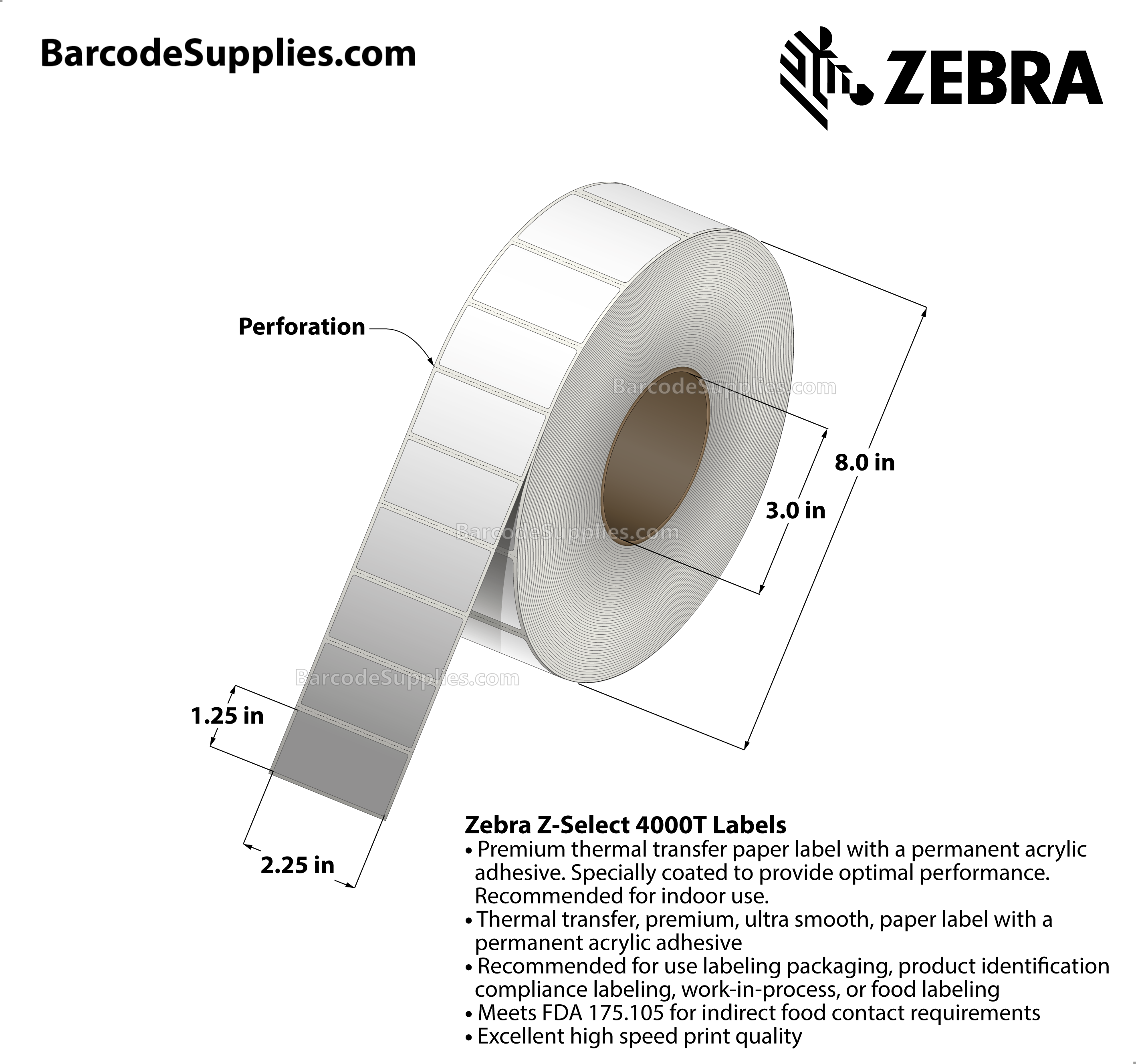 2.25 x 1.25 Thermal Transfer White Z-Select 4000T Labels With Permanent Adhesive - Perforated - 5087 Labels Per Roll - Carton Of 4 Rolls - 20348 Labels Total - MPN: 800622-125