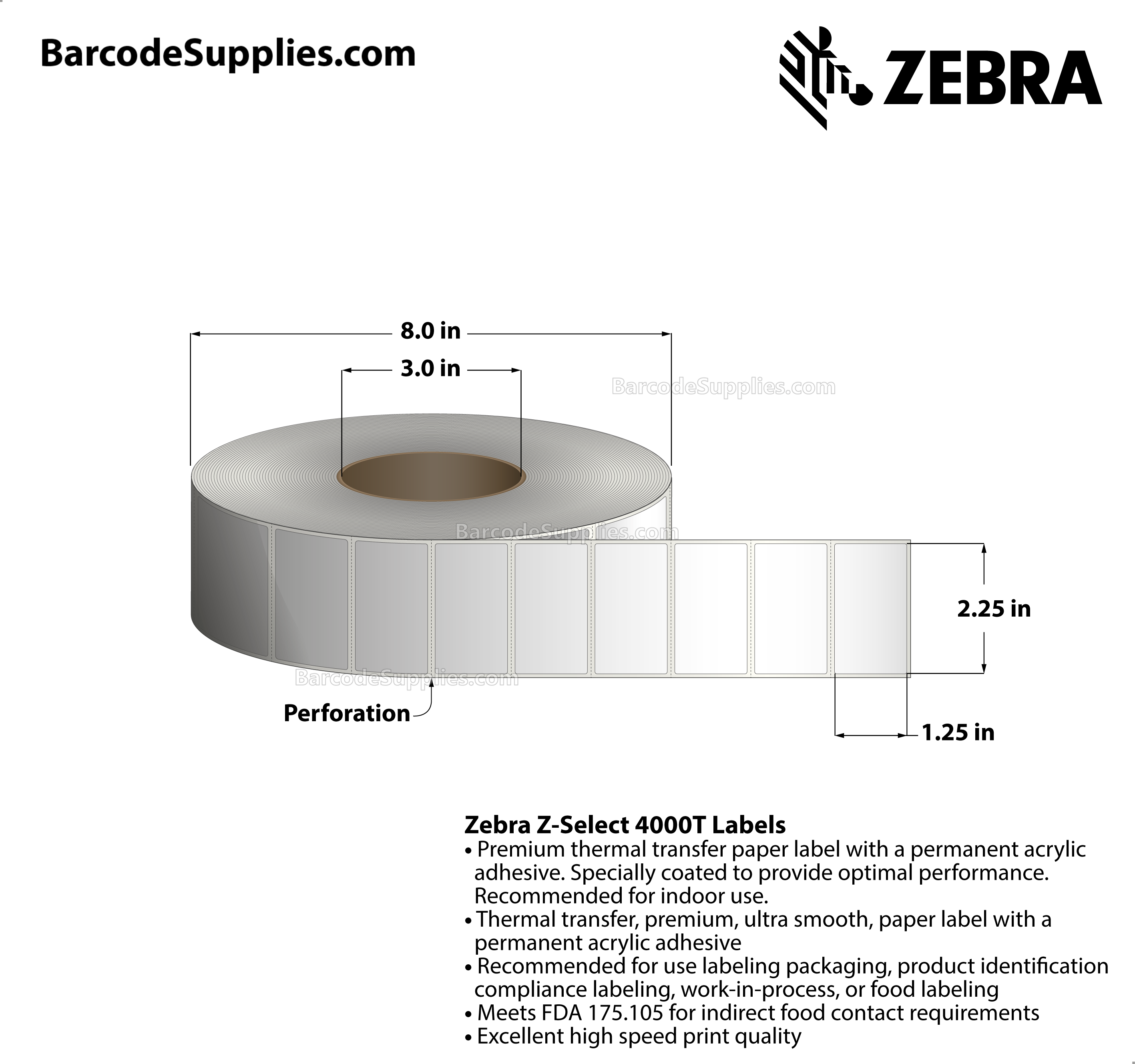 2.25 x 1.25 Thermal Transfer White Z-Select 4000T Labels With Permanent Adhesive - Perforated - 5087 Labels Per Roll - Carton Of 4 Rolls - 20348 Labels Total - MPN: 800622-125