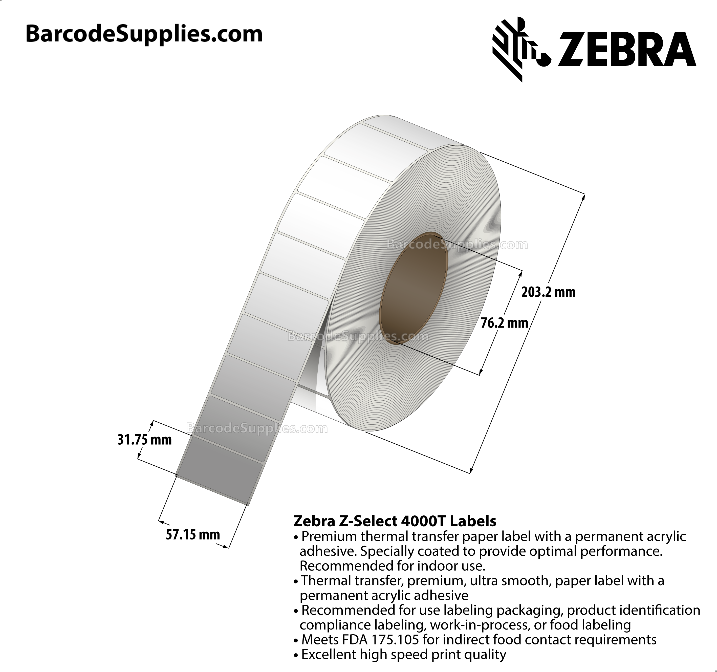 2.25 x 1.25 Thermal Transfer White Z-Select 4000T (No Perf) Labels With Permanent Adhesive - Not Perforated - 4240 Labels Per Roll - Carton Of 8 Rolls - 33920 Labels Total - MPN: 72283