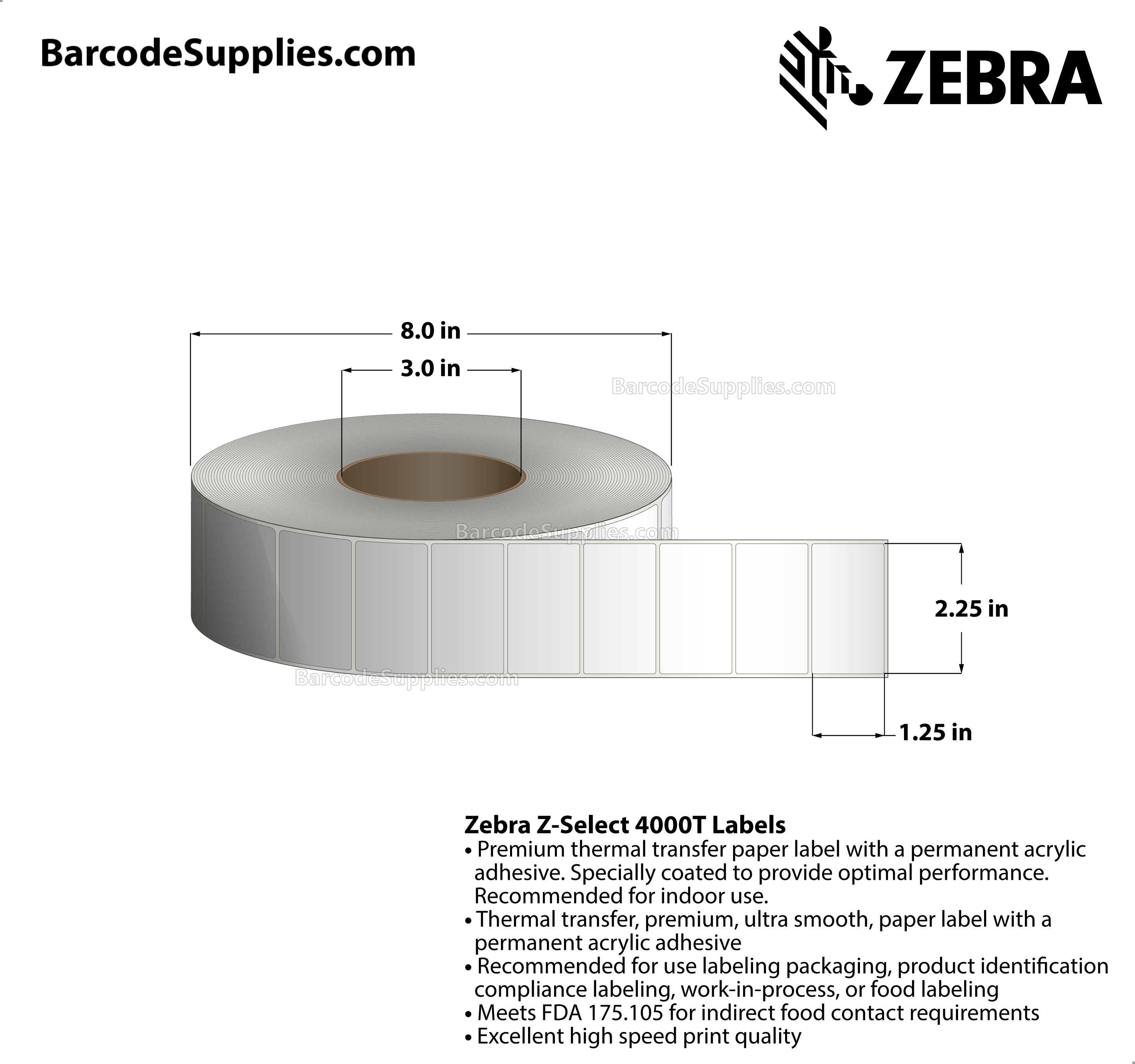 2.25 x 1.25 Thermal Transfer White Z-Select 4000T (No Perf) Labels With Permanent Adhesive - Not Perforated - 4240 Labels Per Roll - Carton Of 8 Rolls - 33920 Labels Total - MPN: 72283
