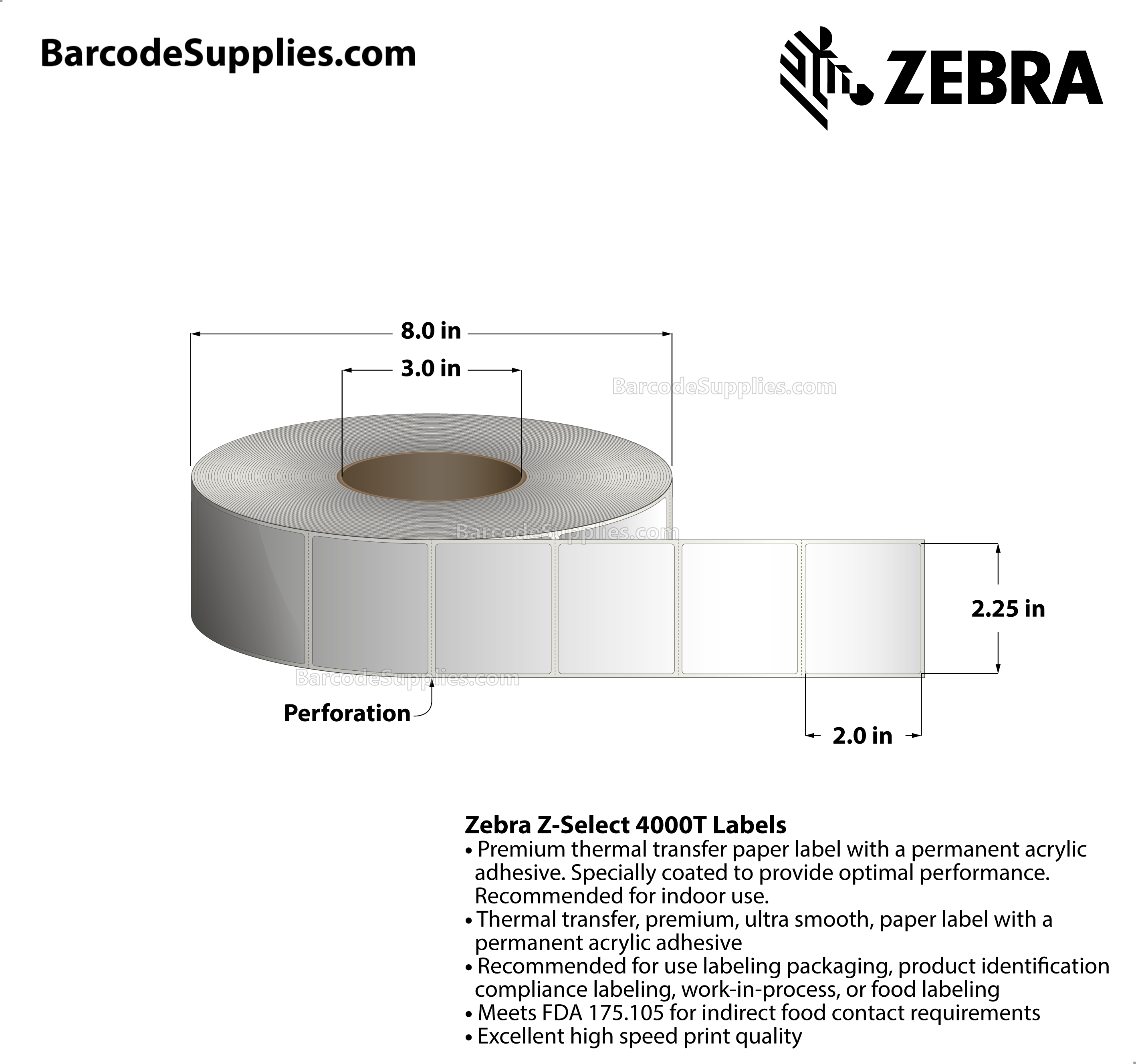 2.25 x 2 Thermal Transfer White Z-Select 4000T Labels With Permanent Adhesive - Perforated - 3292 Labels Per Roll - Carton Of 4 Rolls - 13168 Labels Total - MPN: 800622-205