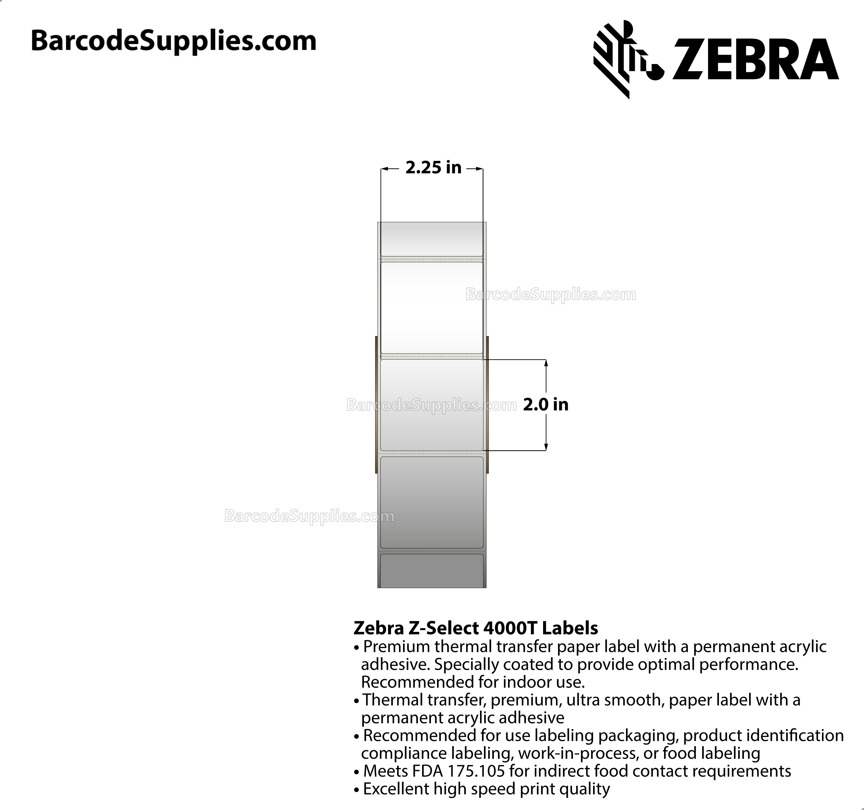 2.25 x 2 Thermal Transfer White Z-Select 4000T Labels With Permanent Adhesive - Perforated - 3292 Labels Per Roll - Carton Of 4 Rolls - 13168 Labels Total - MPN: 800622-205