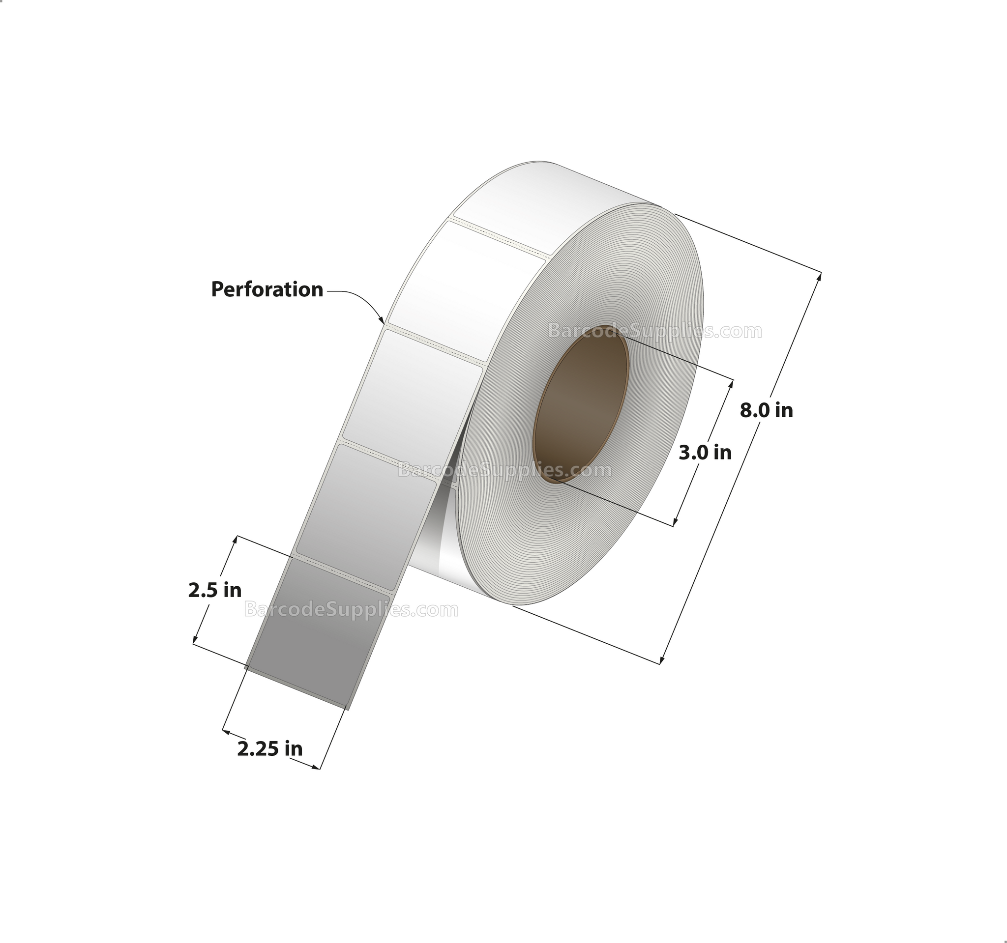 2.25 x 2.5 Direct Thermal White Labels With Acrylic Adhesive - Perforated - 2500 Labels Per Roll - Carton Of 8 Rolls - 20000 Labels Total - MPN: RD-225-25-2500-3 - BarcodeSource, Inc.