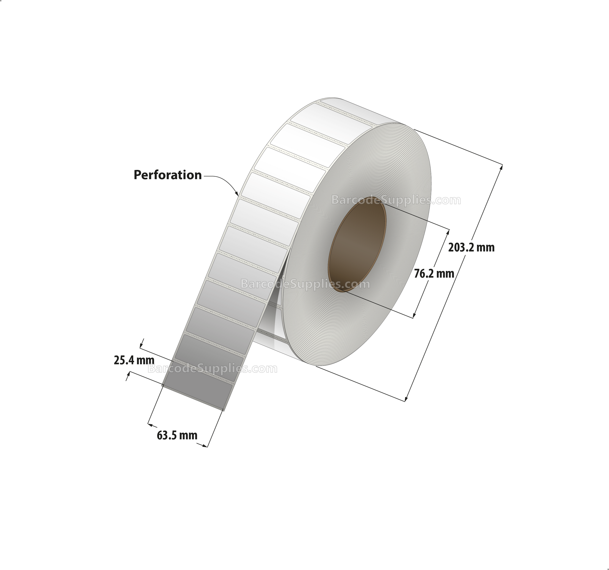 2.5 x 1 Direct Thermal White Labels With Acrylic Adhesive - Perforated - 5500 Labels Per Roll - Carton Of 8 Rolls - 44000 Labels Total - MPN: RD-25-1-5500-3 - BarcodeSource, Inc.