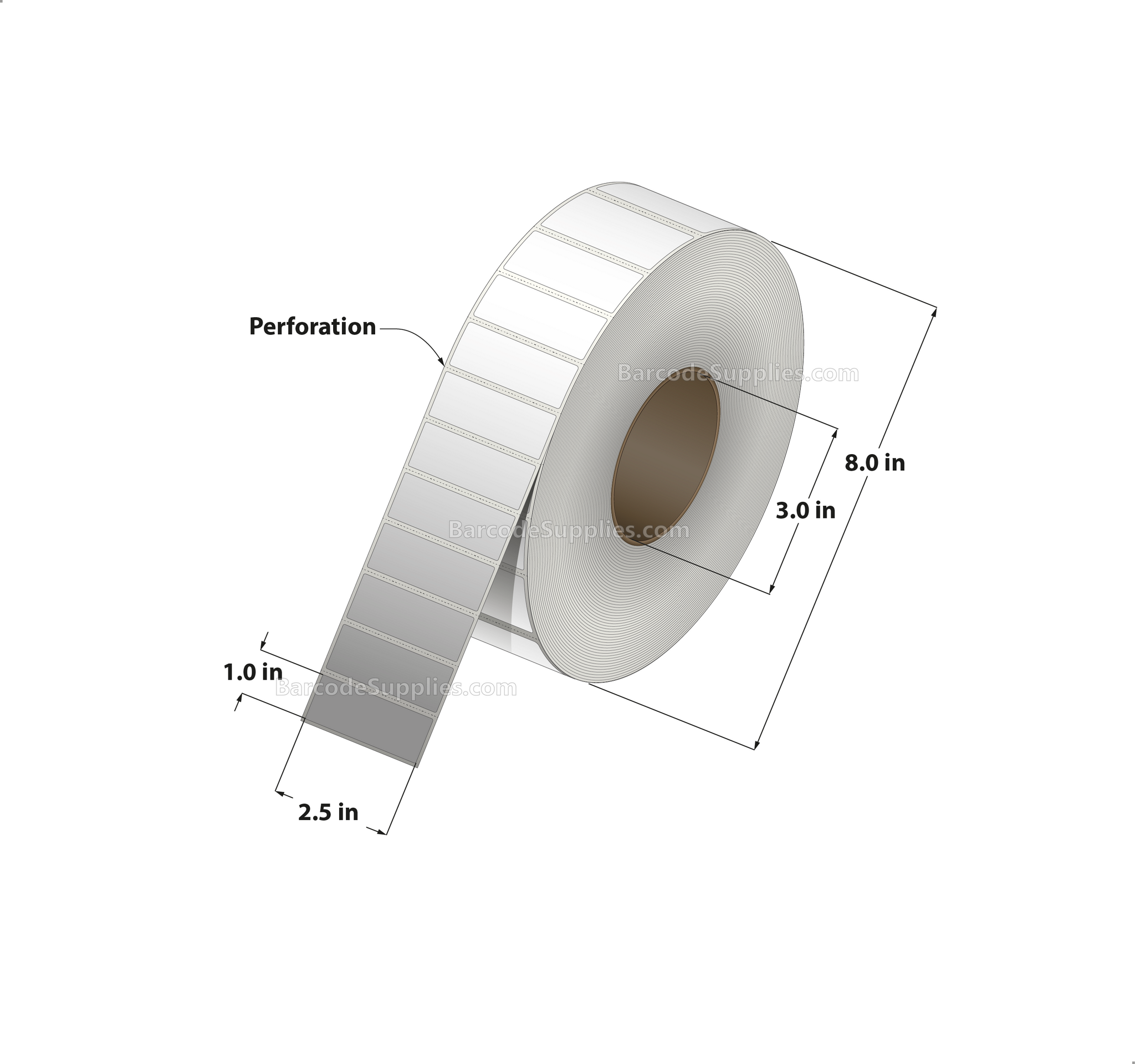 2.5 x 1 Direct Thermal White Labels With Acrylic Adhesive - Perforated - 5500 Labels Per Roll - Carton Of 8 Rolls - 44000 Labels Total - MPN: RD-25-1-5500-3 - BarcodeSource, Inc.