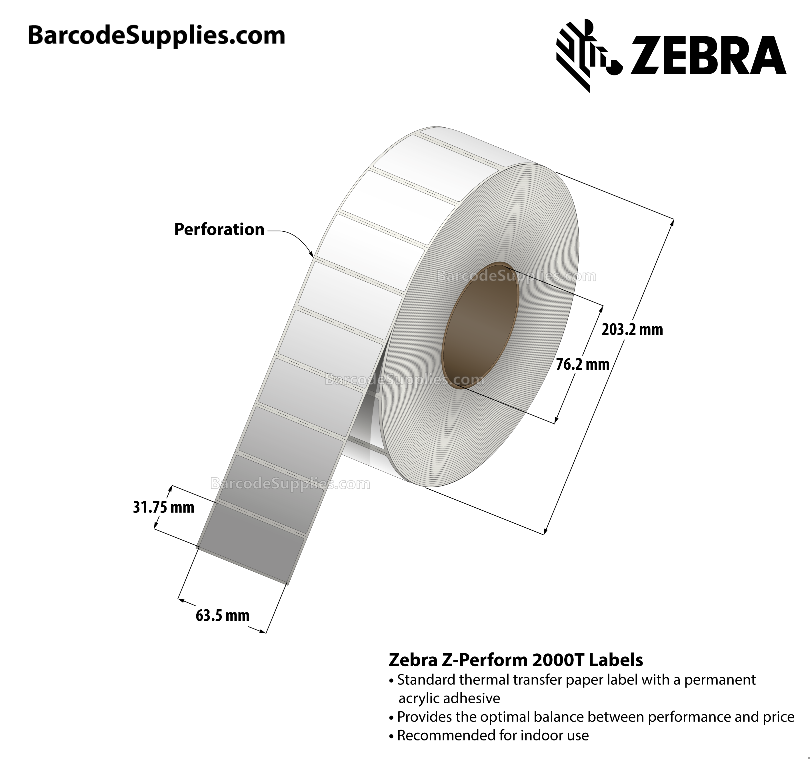 2.5 x 1.25 Thermal Transfer White Z-Perform 2000T Labels With Permanent Adhesive - Perforated - 2000 Labels Per Roll - Carton Of 4 Rolls - 8000 Labels Total - MPN: 10022943