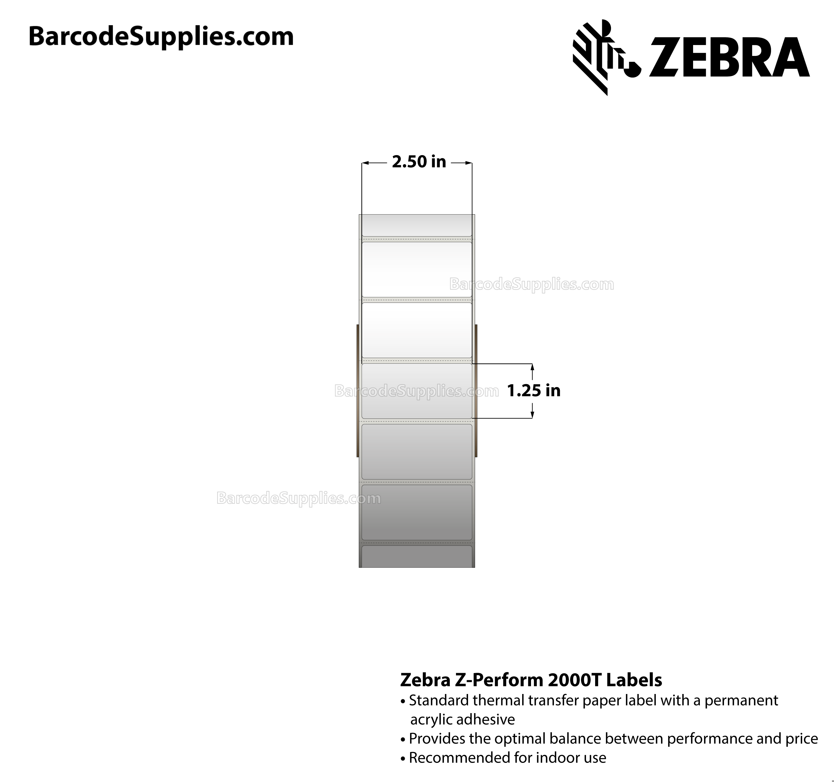 2.5 x 1.25 Thermal Transfer White Z-Perform 2000T Labels With Permanent Adhesive - Perforated - 2000 Labels Per Roll - Carton Of 4 Rolls - 8000 Labels Total - MPN: 10022943