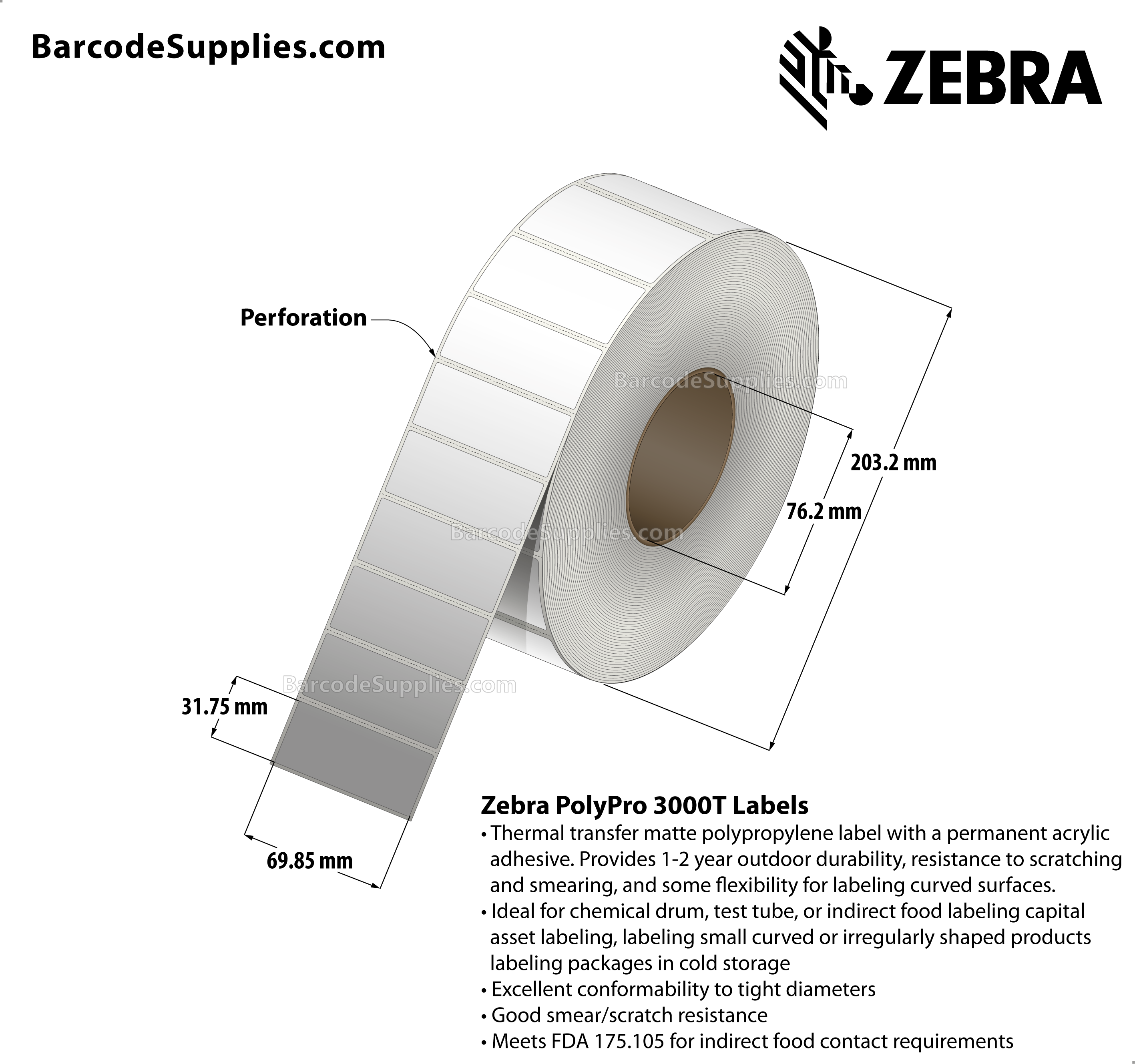 2.75 x 1.25 Thermal Transfer White PolyPro 3000T Labels With Permanent Adhesive - Perforated - 3923 Labels Per Roll - Carton Of 4 Rolls - 15692 Labels Total - MPN: 10011989