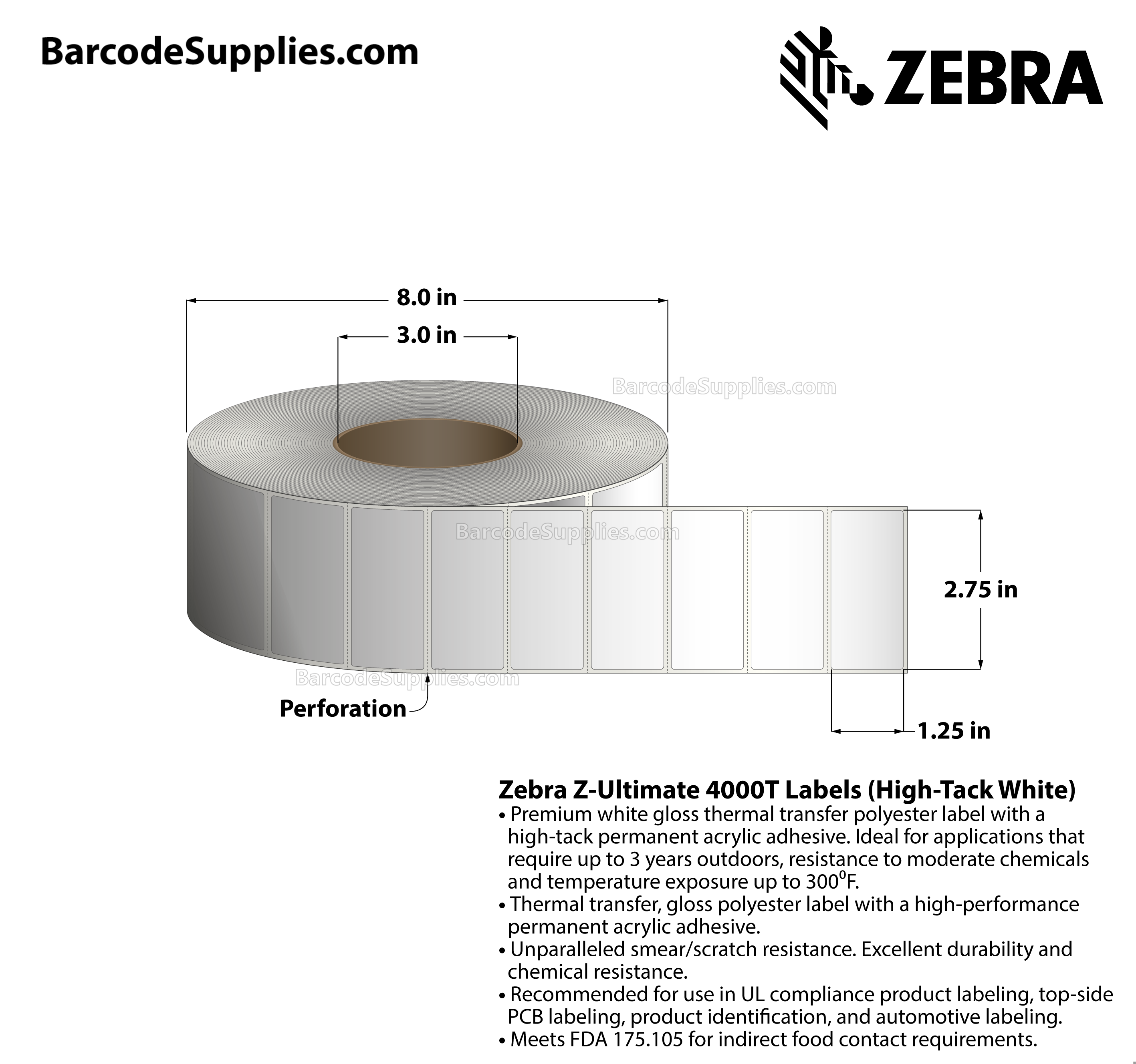 2.75 x 1.25 Thermal Transfer White Z-Ultimate 4000T High-Tack White Labels With High-tack Adhesive - Perforated - 3000 Labels Per Roll - Carton Of 1 Rolls - 3000 Labels Total - MPN: 10023056