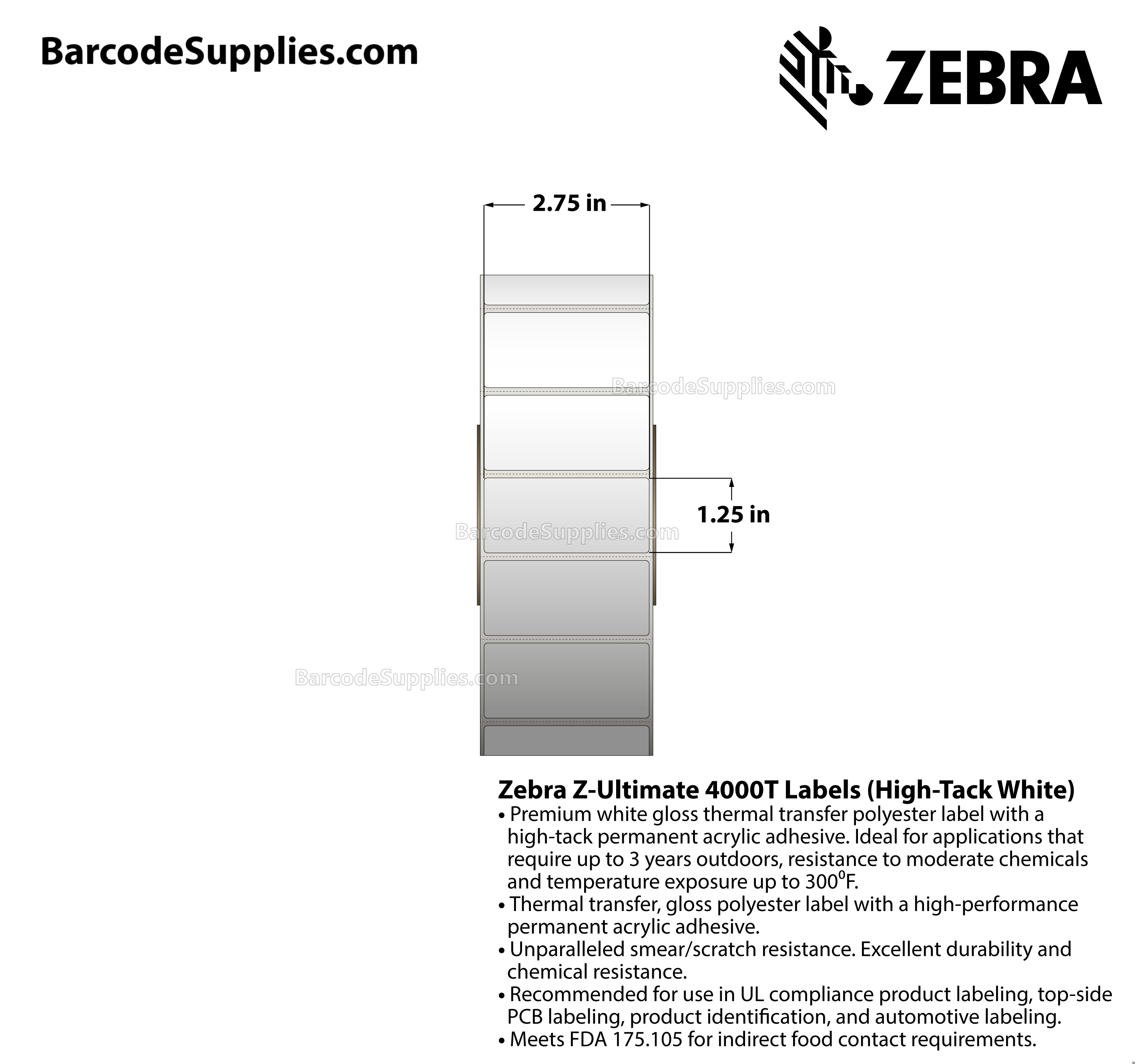 2.75 x 1.25 Thermal Transfer White Z-Ultimate 4000T High-Tack White Labels With High-tack Adhesive - Perforated - 3000 Labels Per Roll - Carton Of 1 Rolls - 3000 Labels Total - MPN: 10023056