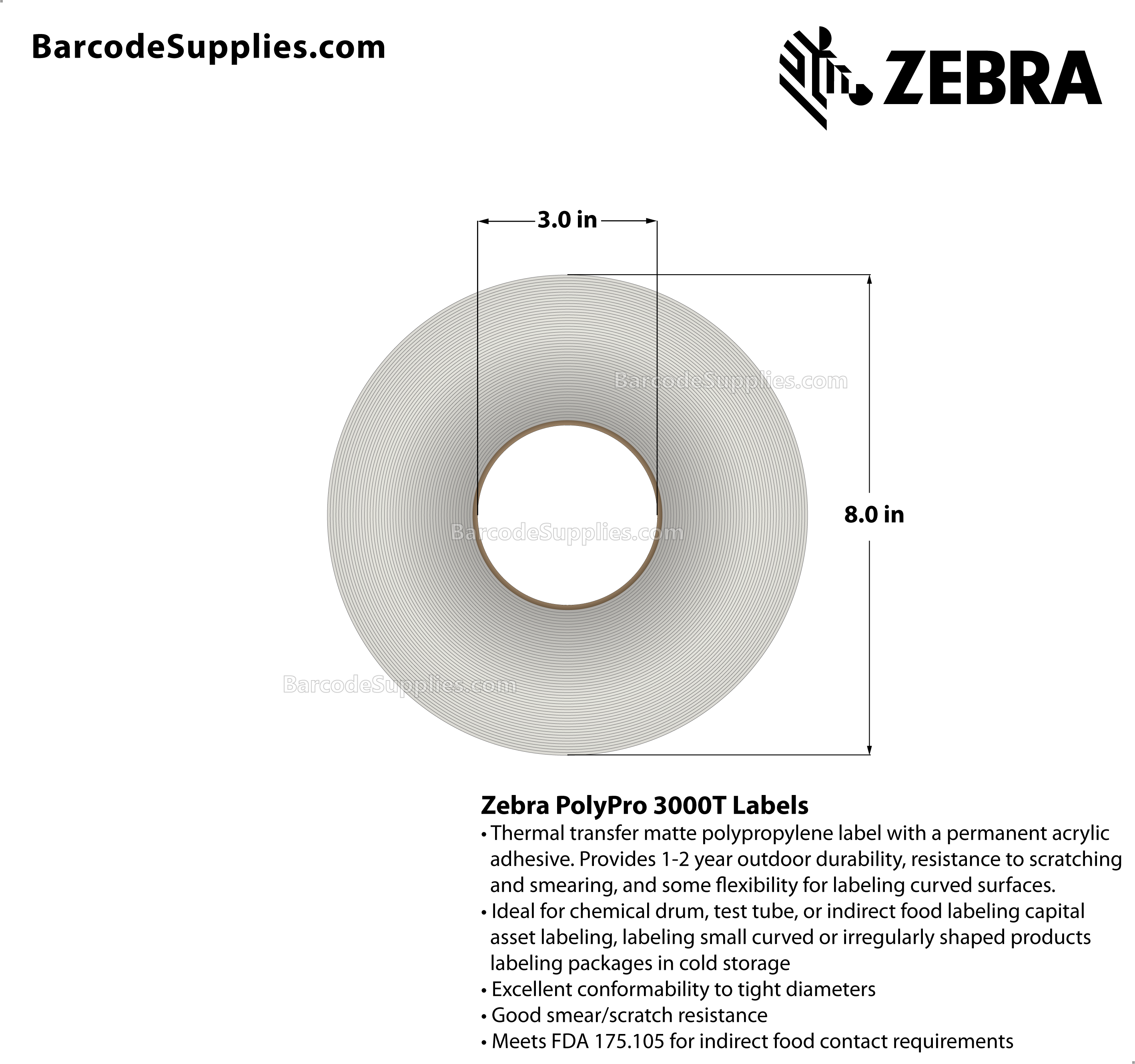 2.75 x 1.25 Thermal Transfer White PolyPro 3000T Labels With Permanent Adhesive - Perforated - 3923 Labels Per Roll - Carton Of 4 Rolls - 15692 Labels Total - MPN: 10011989