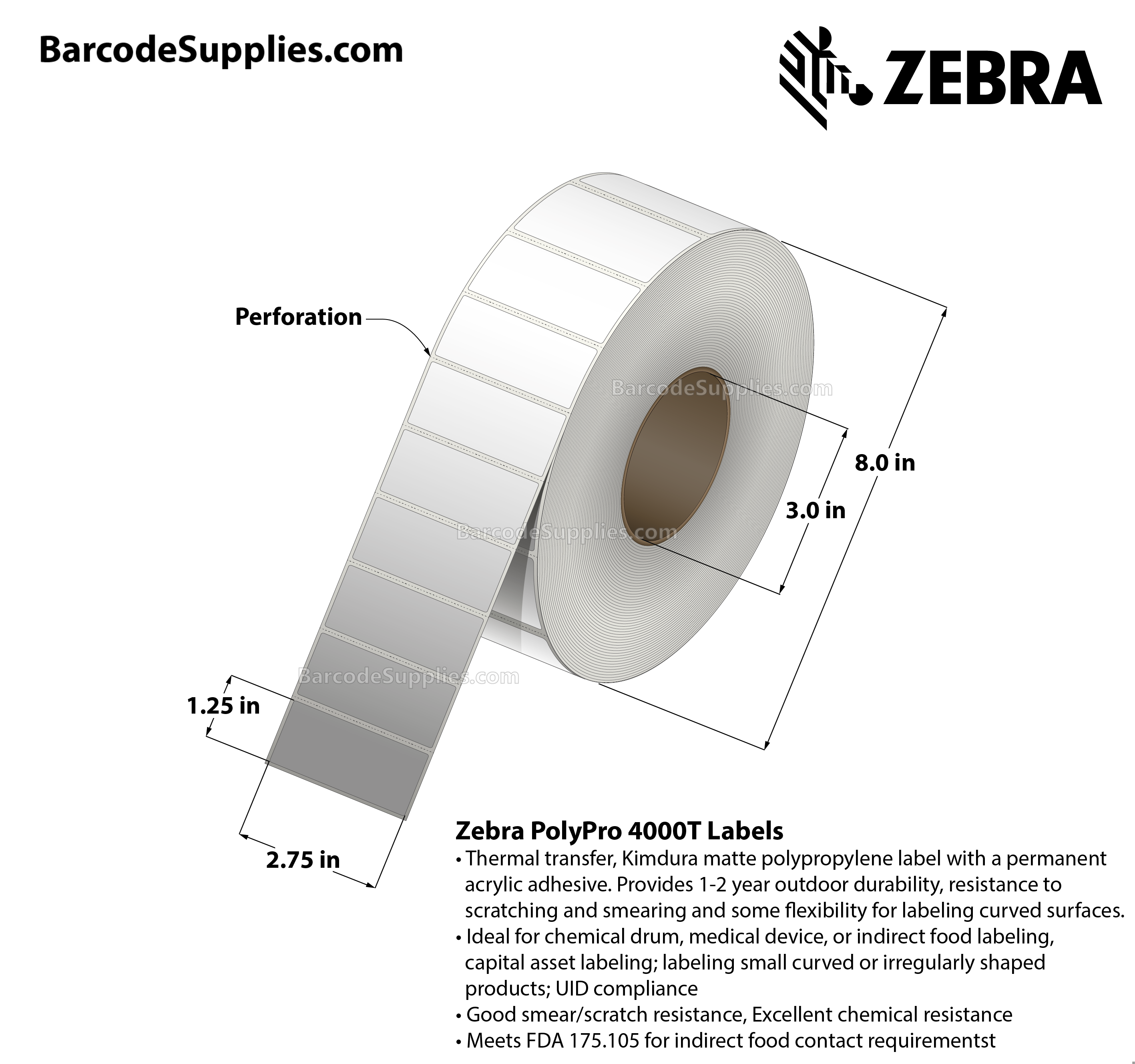 2.75 x 1.25 Thermal Transfer White PolyPro 4000T Labels With Permanent Adhesive - Perforated - 3210 Labels Per Roll - Carton Of 4 Rolls - 12840 Labels Total - MPN: 10014717