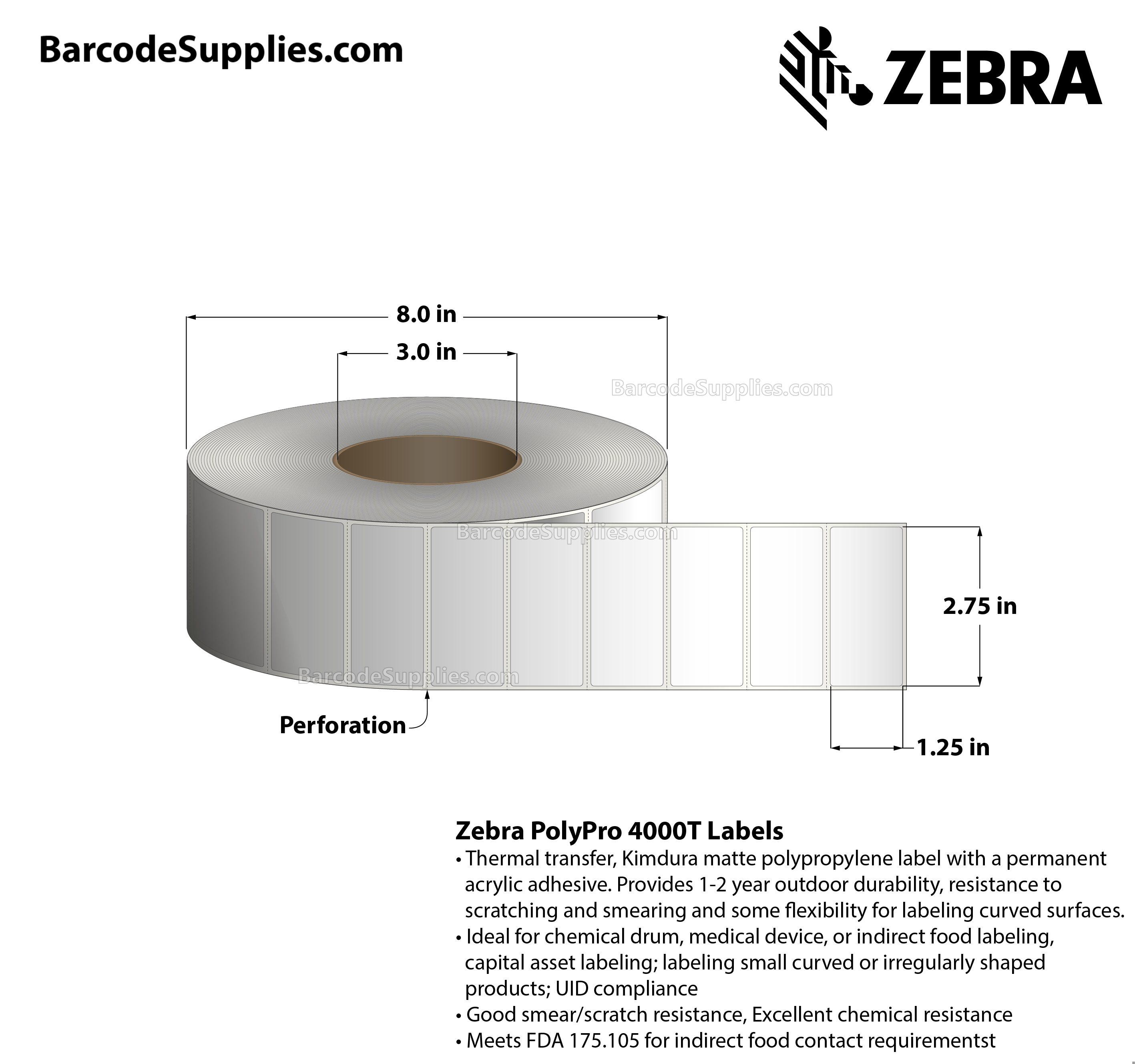 2.75 x 1.25 Thermal Transfer White PolyPro 4000T Labels With Permanent Adhesive - Perforated - 3210 Labels Per Roll - Carton Of 4 Rolls - 12840 Labels Total - MPN: 10014717