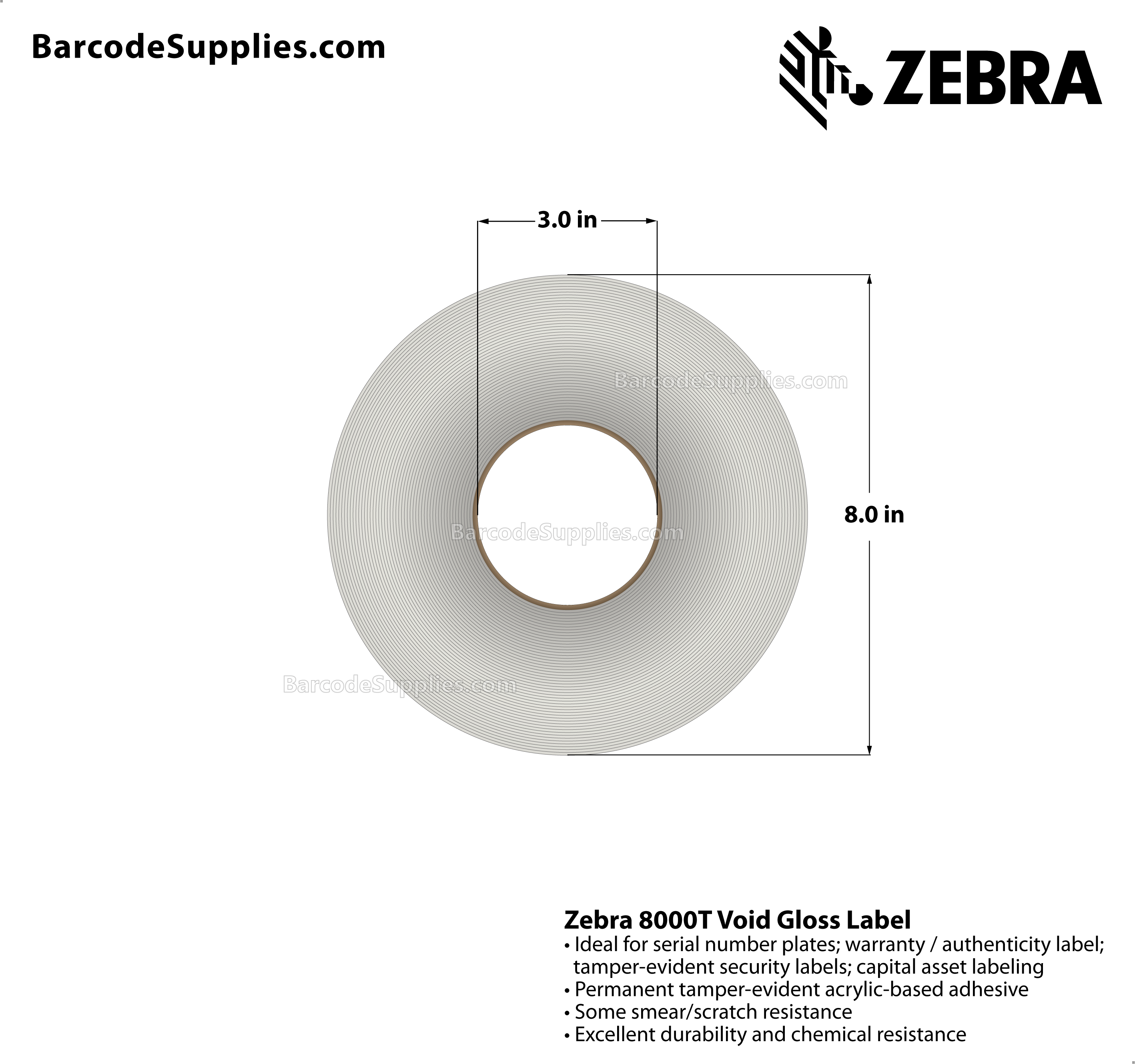 2.75 x 1.25 Thermal Transfer White 8000T Void Gloss Labels With Tamper-evident Adhesive - Perforated - 3000 Labels Per Roll - Carton Of 1 Rolls - 3000 Labels Total - MPN: 10023260