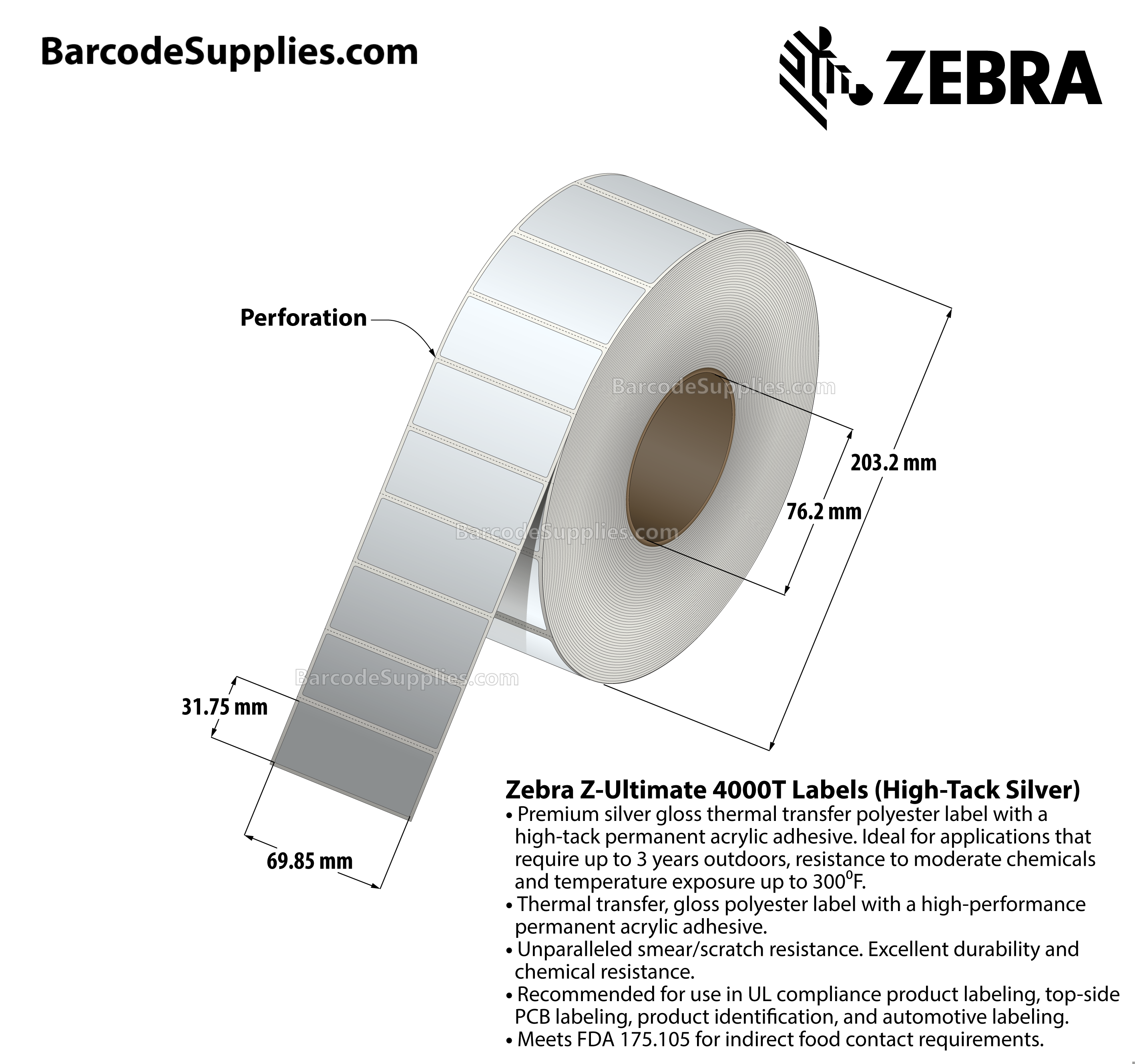 2.75 x 1.25 Thermal Transfer Silver Z-Ultimate 4000T High-Tack Silver Labels With High-tack Adhesive - Perforated - 3000 Labels Per Roll - Carton Of 1 Rolls - 3000 Labels Total - MPN: 10023354