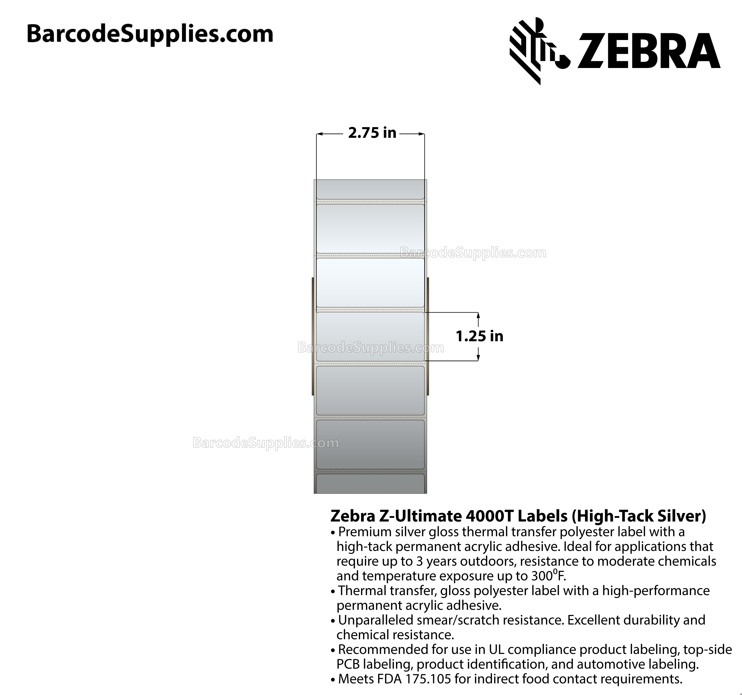 2.75 x 1.25 Thermal Transfer Silver Z-Ultimate 4000T High-Tack Silver Labels With High-tack Adhesive - Perforated - 3000 Labels Per Roll - Carton Of 1 Rolls - 3000 Labels Total - MPN: 10023354