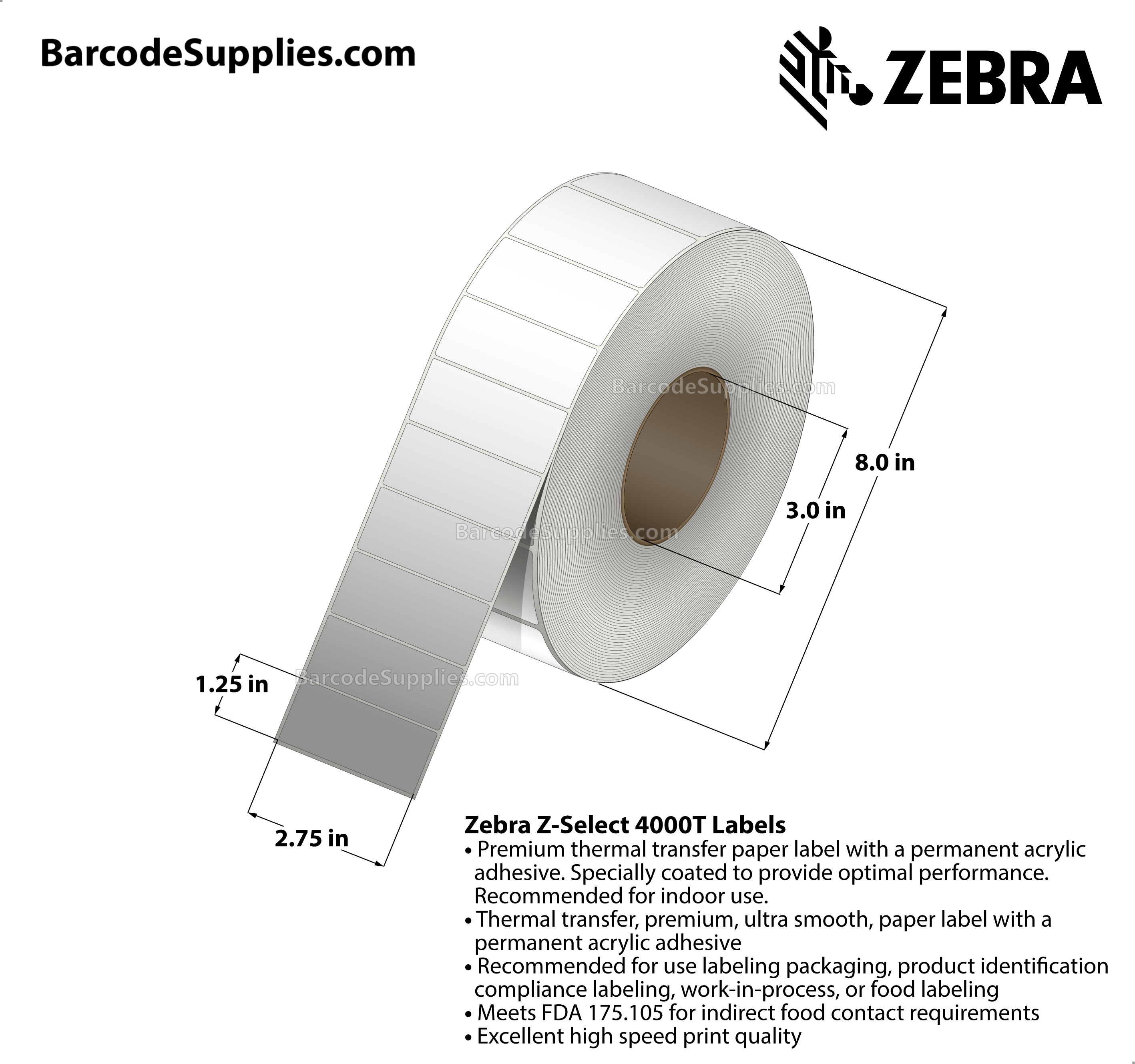 2.75 x 1.25 Thermal Transfer White Z-Select 4000T Labels With Permanent Adhesive - Not Perforated - 4240 Labels Per Roll - Carton Of 8 Rolls - 33920 Labels Total - MPN: 72282