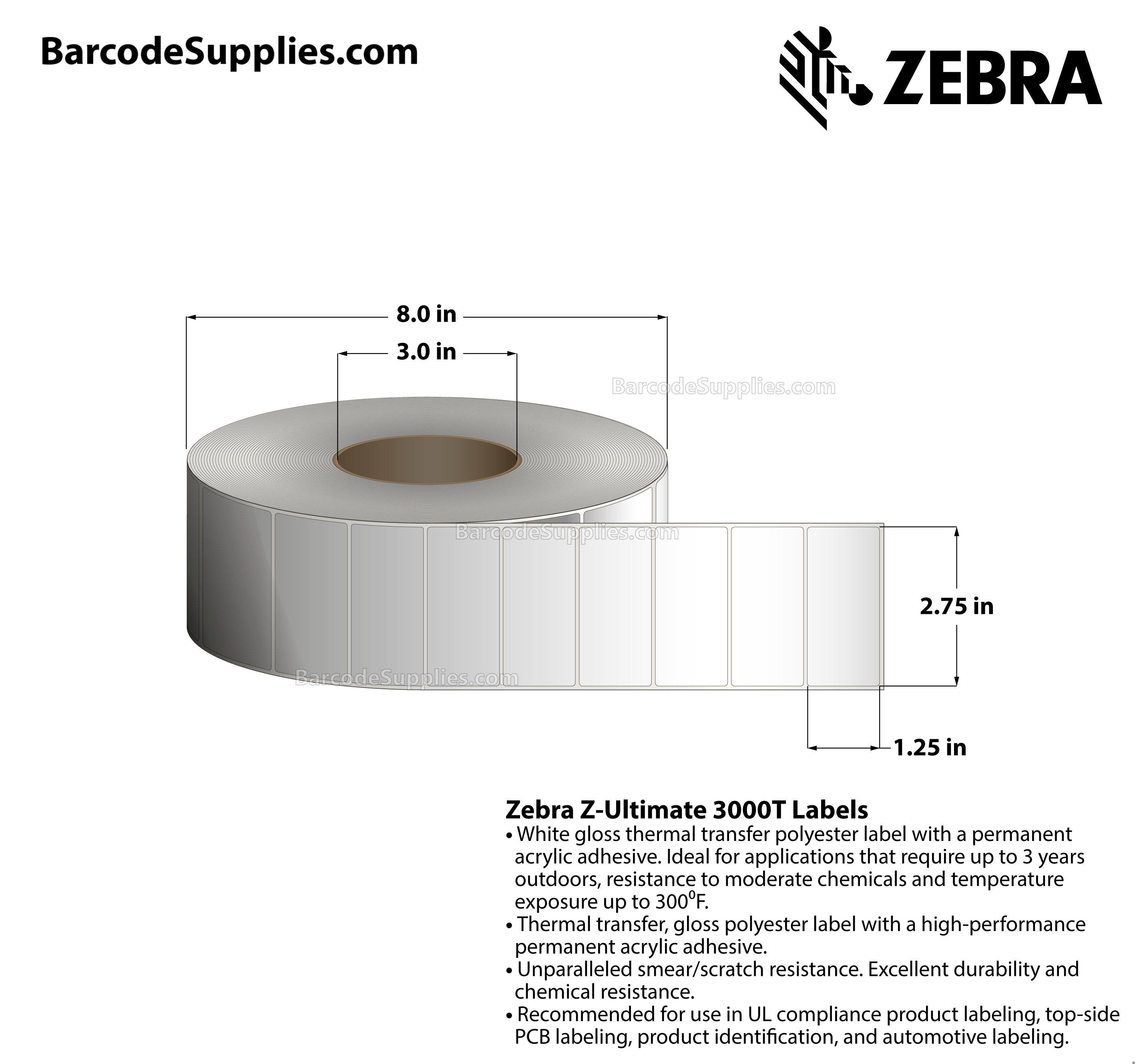 2.75 x 1.25 Thermal Transfer White Z-Ultimate 3000T Labels With Permanent Adhesive - Not Perforated - 4270 Labels Per Roll - Carton Of 4 Rolls - 17080 Labels Total - MPN: 10011701