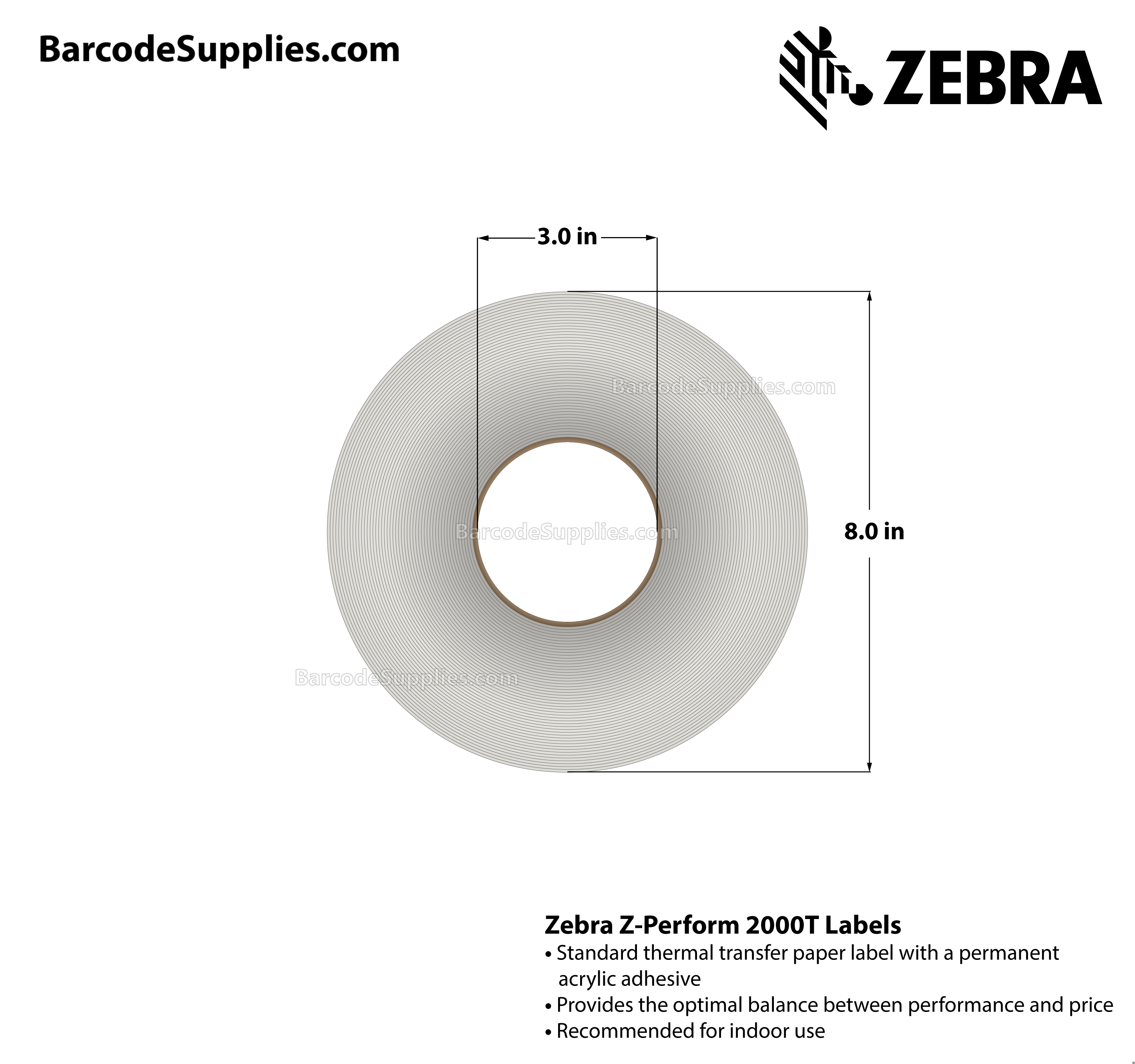 2.75 x 1.25 Thermal Transfer White Z-Perform 2000T All-Temp Labels With All-Temp Adhesive - Not Perforated - 4240 Labels Per Roll - Carton Of 8 Rolls - 33920 Labels Total - MPN: 72369