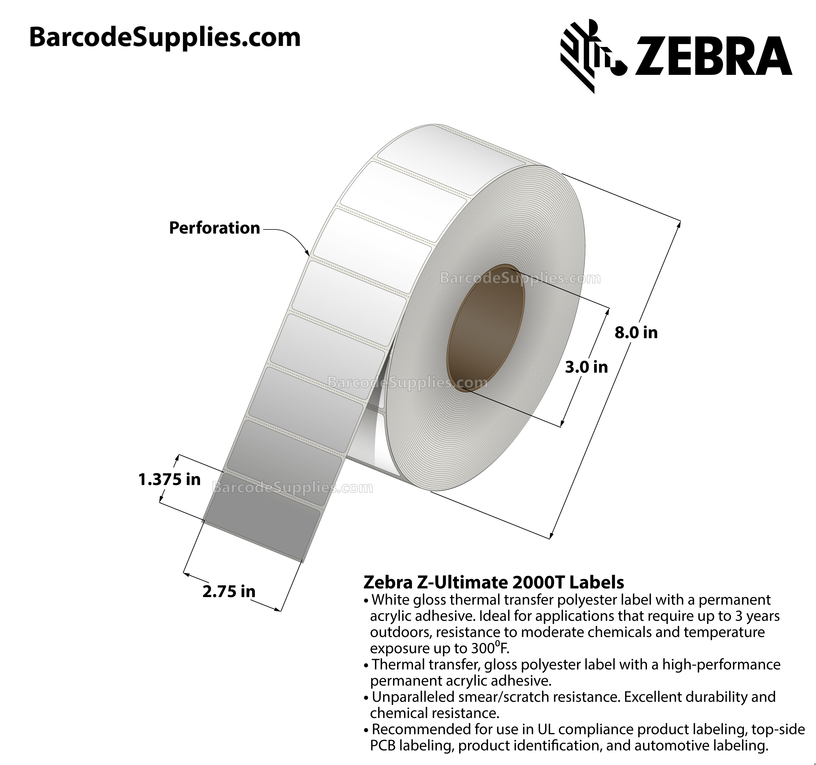 2.75 x 1.375 Thermal Transfer White Z-Ultimate 2000T Labels With Permanent Adhesive - Perforated - 4000 Labels Per Roll - Carton Of 1 Rolls - 4000 Labels Total - MPN: 10022962