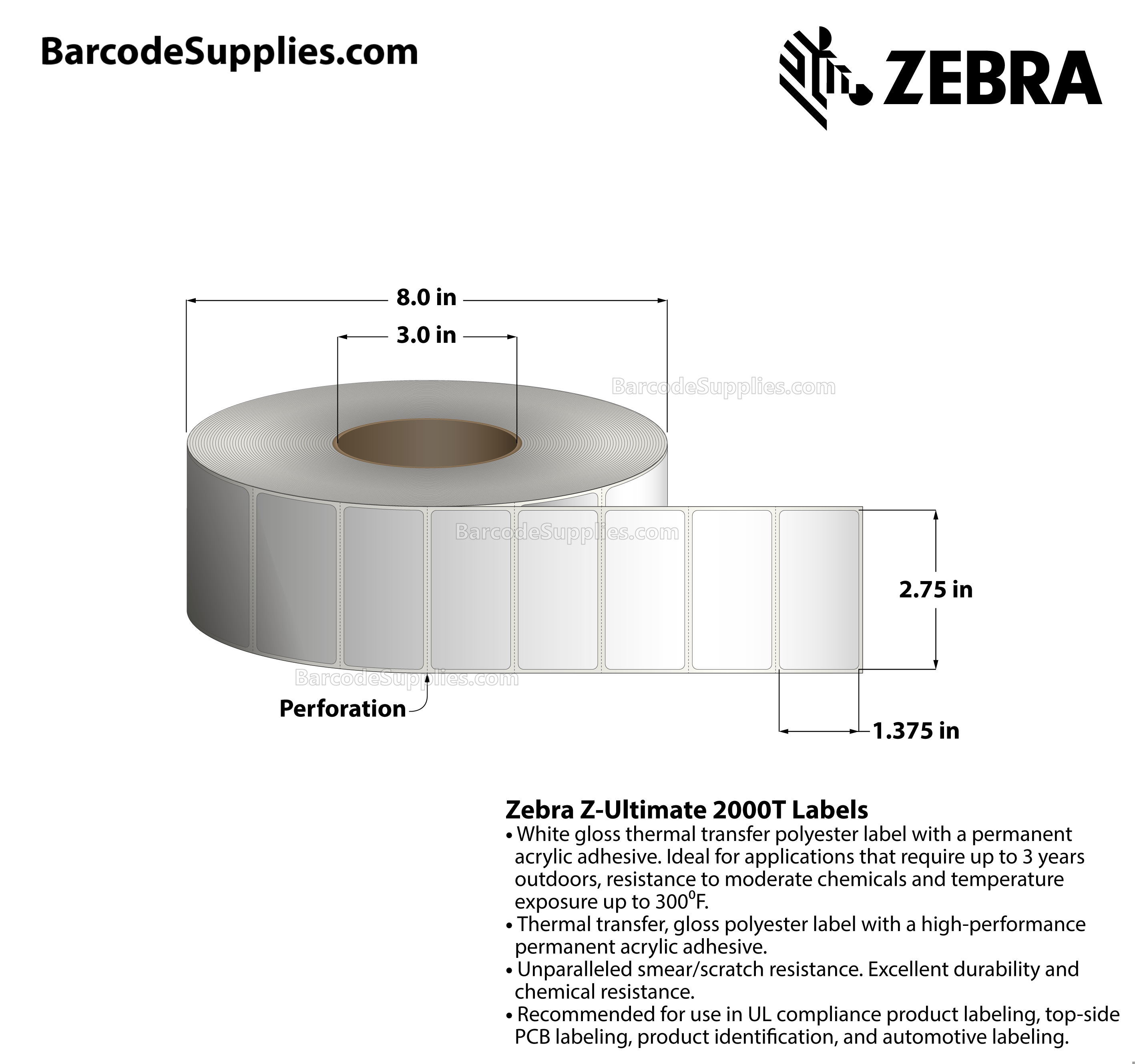 2.75 x 1.375 Thermal Transfer White Z-Ultimate 2000T Labels With Permanent Adhesive - Perforated - 4000 Labels Per Roll - Carton Of 1 Rolls - 4000 Labels Total - MPN: 10022962