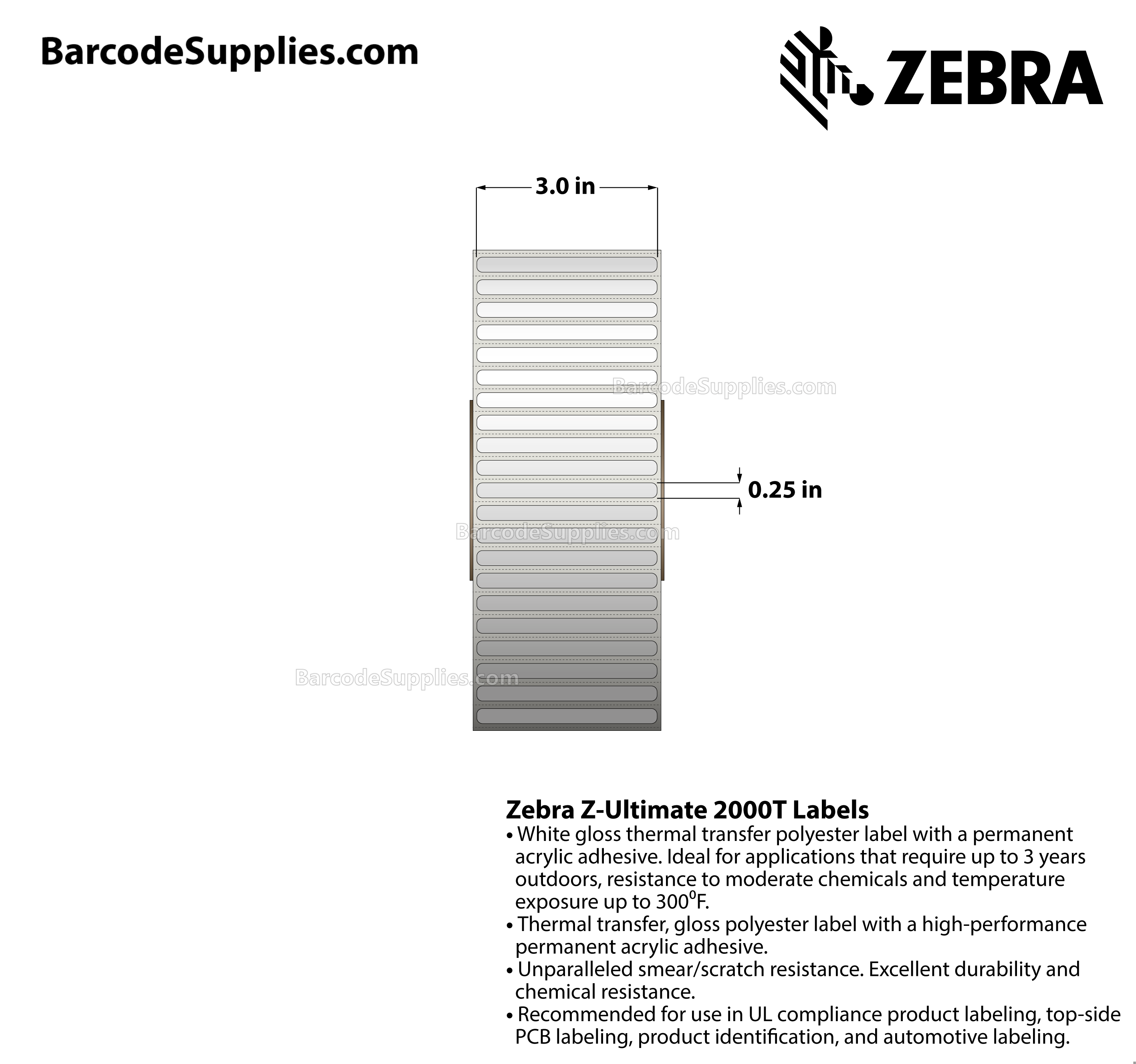 3 x 0.25 Thermal Transfer White Z-Ultimate 2000T Labels With Permanent Adhesive - Perforated - 2500 Labels Per Roll - Carton Of 1 Rolls - 2500 Labels Total - MPN: 10023038