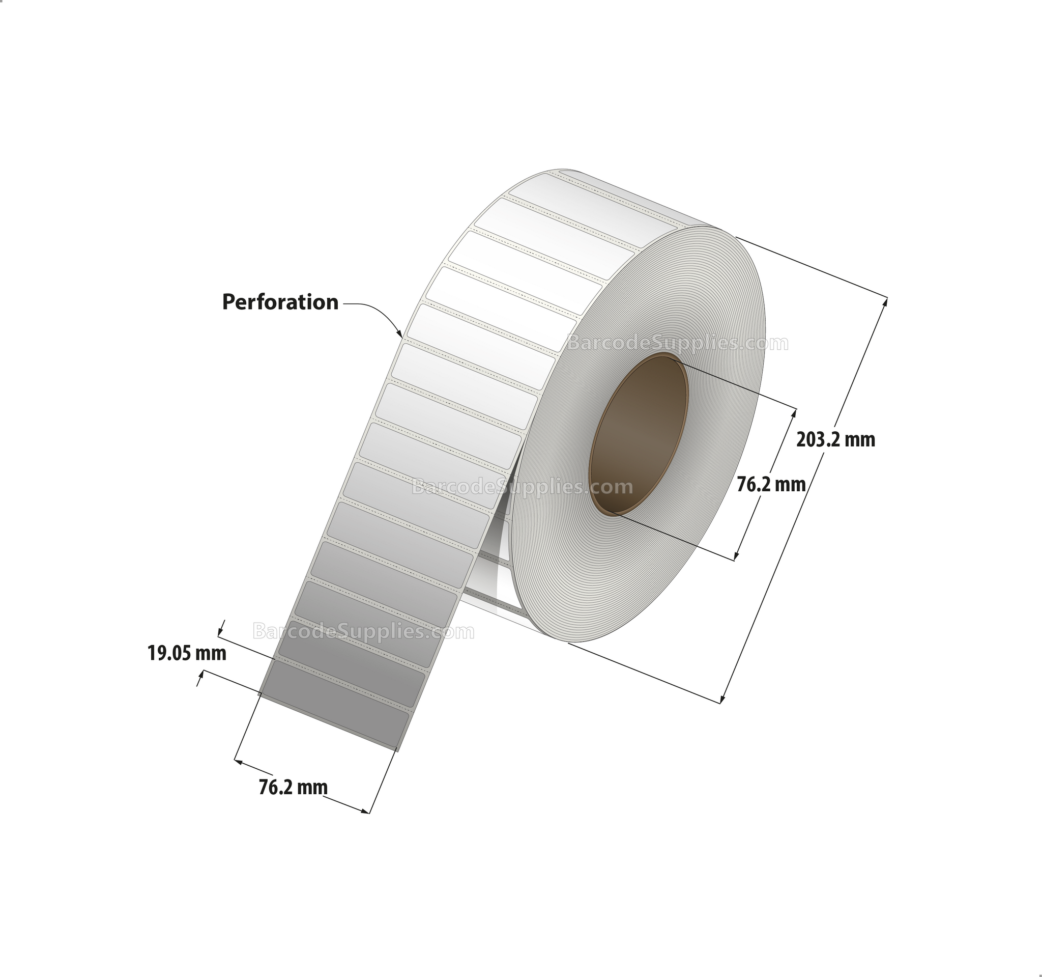 3 x 0.75 Thermal Transfer White Labels With Permanent Adhesive - Perforated - 7500 Labels Per Roll - Carton Of 8 Rolls - 60000 Labels Total - MPN: RT-3-075-7500-3