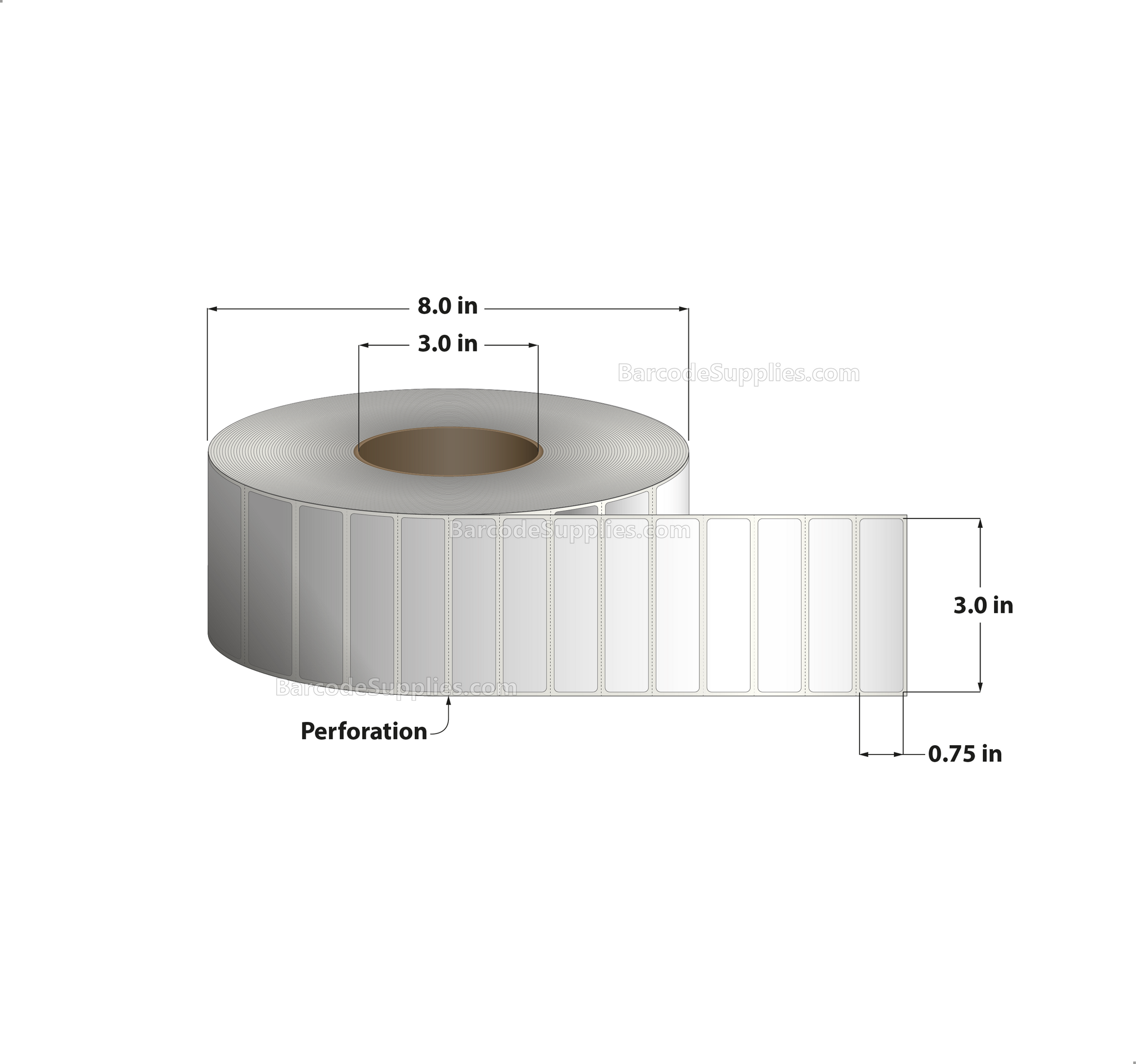 3 x 0.75 Thermal Transfer White Labels With Permanent Adhesive - Perforated - 7500 Labels Per Roll - Carton Of 8 Rolls - 60000 Labels Total - MPN: RT-3-075-7500-3
