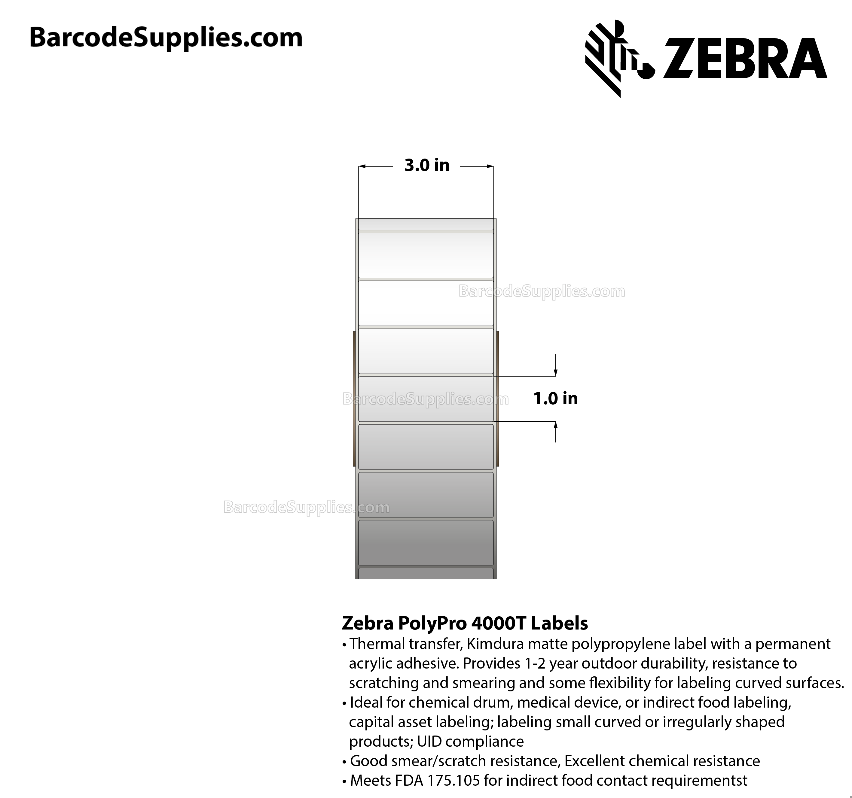 3 x 1 Thermal Transfer White PolyPro 4000T Labels With Permanent Adhesive - Not Perforated - 4350 Labels Per Roll - Carton Of 4 Rolls - 17400 Labels Total - MPN: 10011688