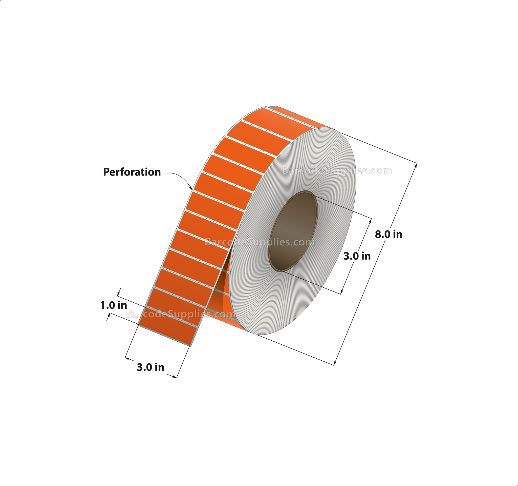 3 x 1 Thermal Transfer 1495 Orange Labels With Permanent Adhesive - Perforated - 5500 Labels Per Roll - Carton Of 8 Rolls - 44000 Labels Total - MPN: RFC-3-1-5500-OR
