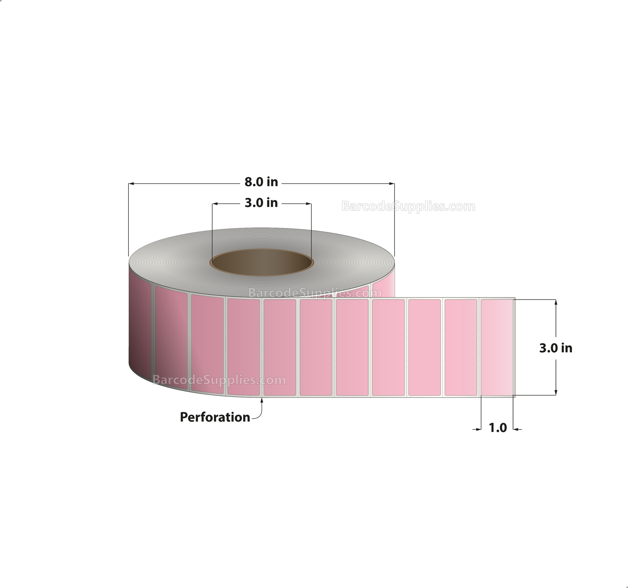 3 x 1 Thermal Transfer 176 Pink Labels With Permanent Adhesive - Perforated - 5500 Labels Per Roll - Carton Of 8 Rolls - 44000 Labels Total - MPN: RFC-3-1-5500-PK