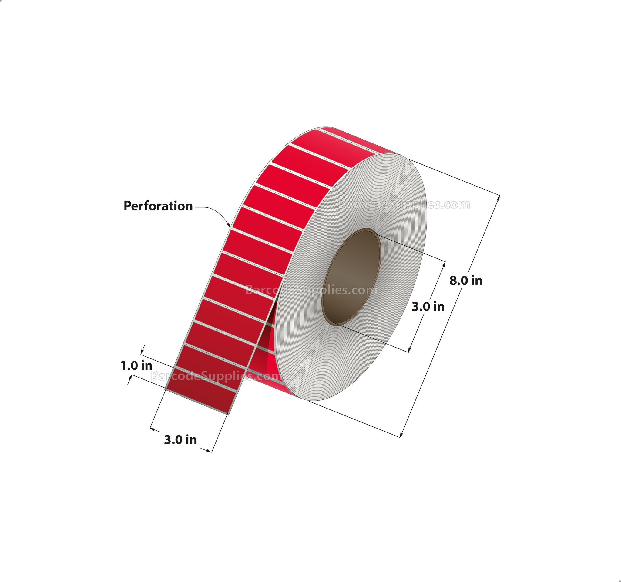 3 x 1 Thermal Transfer 032 Red Labels With Permanent Adhesive - Perforated - 5500 Labels Per Roll - Carton Of 8 Rolls - 44000 Labels Total - MPN: RFC-3-1-5500-RD