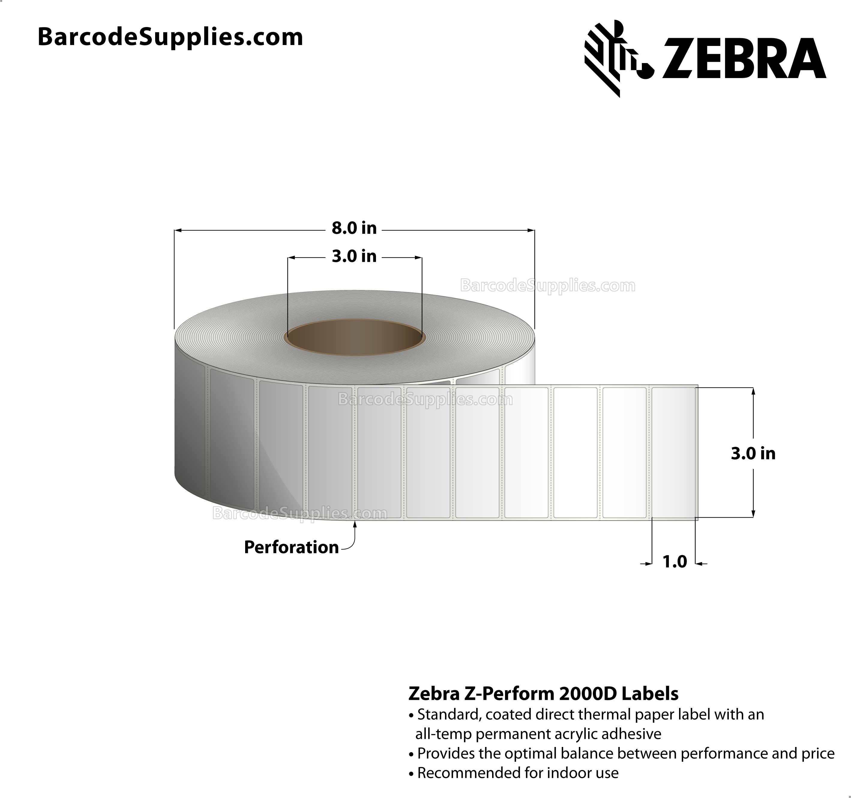 3 x 1 Direct Thermal White Z-Perform 2000D Labels With All-Temp Adhesive - Perforated - 5500 Labels Per Roll - Carton Of 6 Rolls - 33000 Labels Total - MPN: 10000296