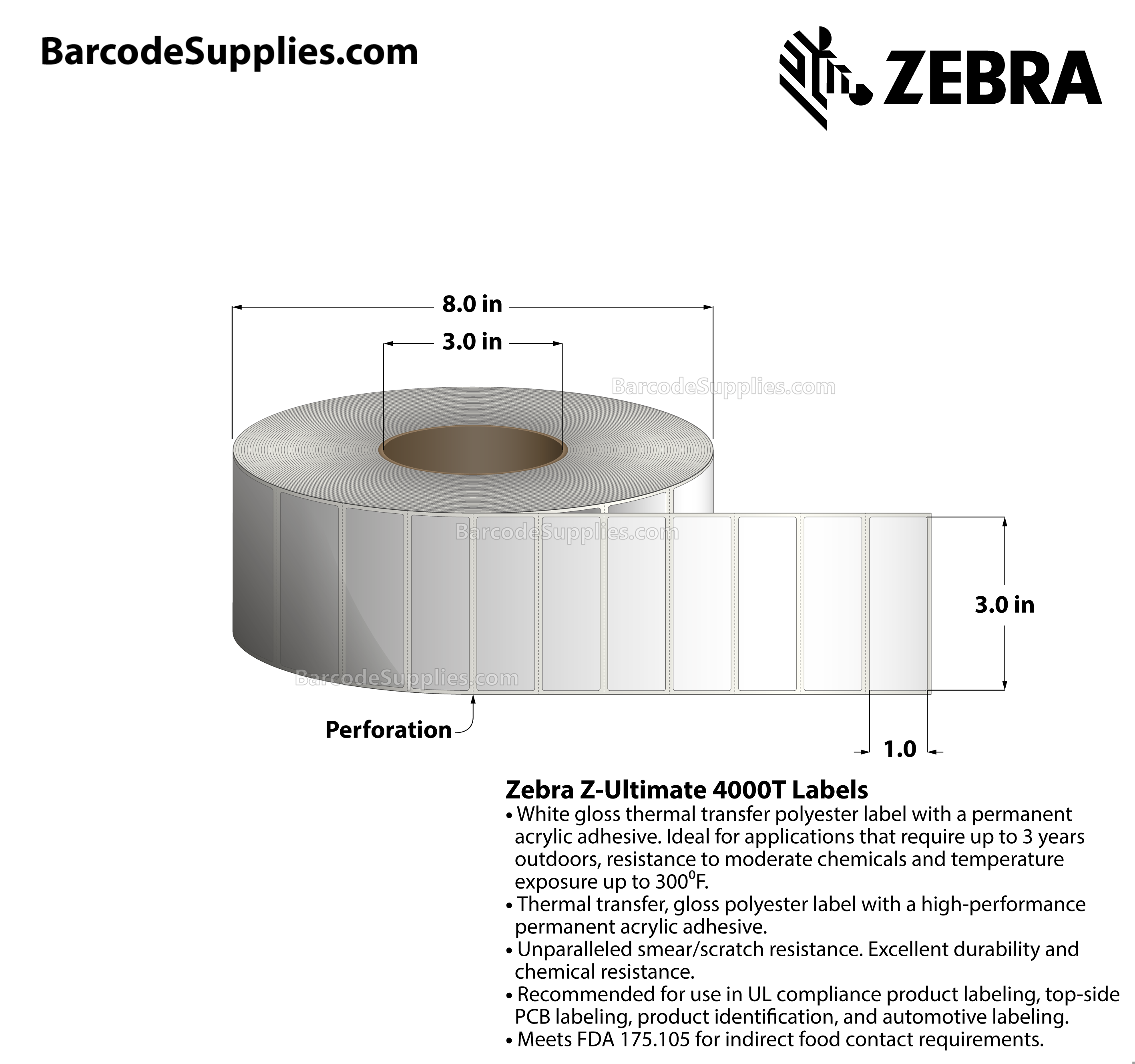 3 x 1 Thermal Transfer White Z-Ultimate 4000T Labels With Permanent Adhesive - Perforated - 5240 Labels Per Roll - Carton Of 4 Rolls - 20960 Labels Total - MPN: 10011709