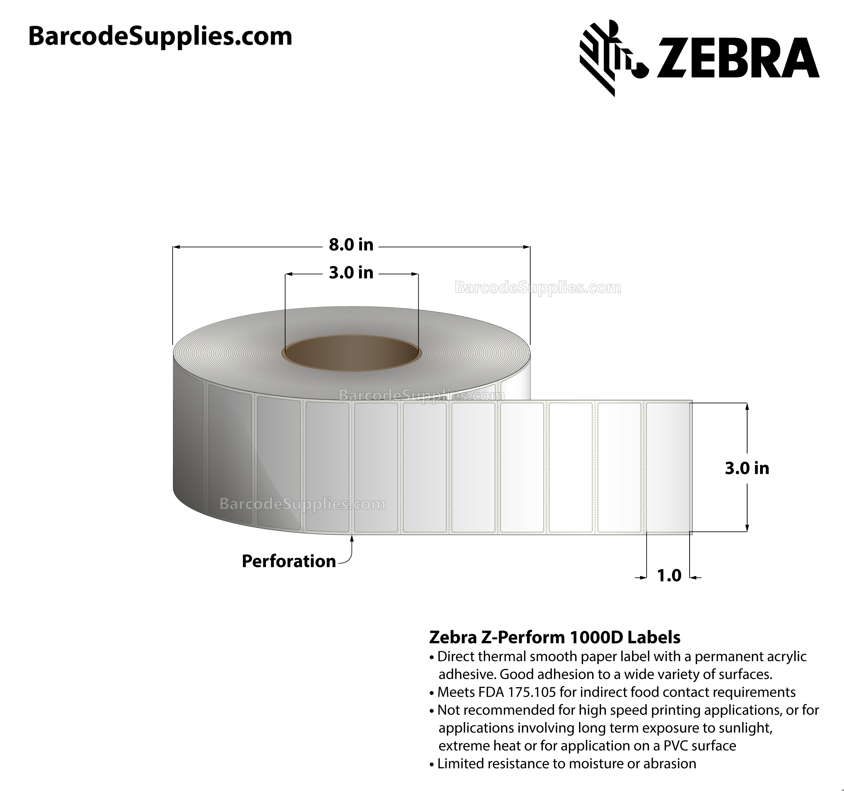 3 x 1 Direct Thermal White Z-Perform 1000D Labels With Permanent Adhesive - Perforated - 5500 Labels Per Roll - Carton Of 6 Rolls - 33000 Labels Total - MPN: 10000303