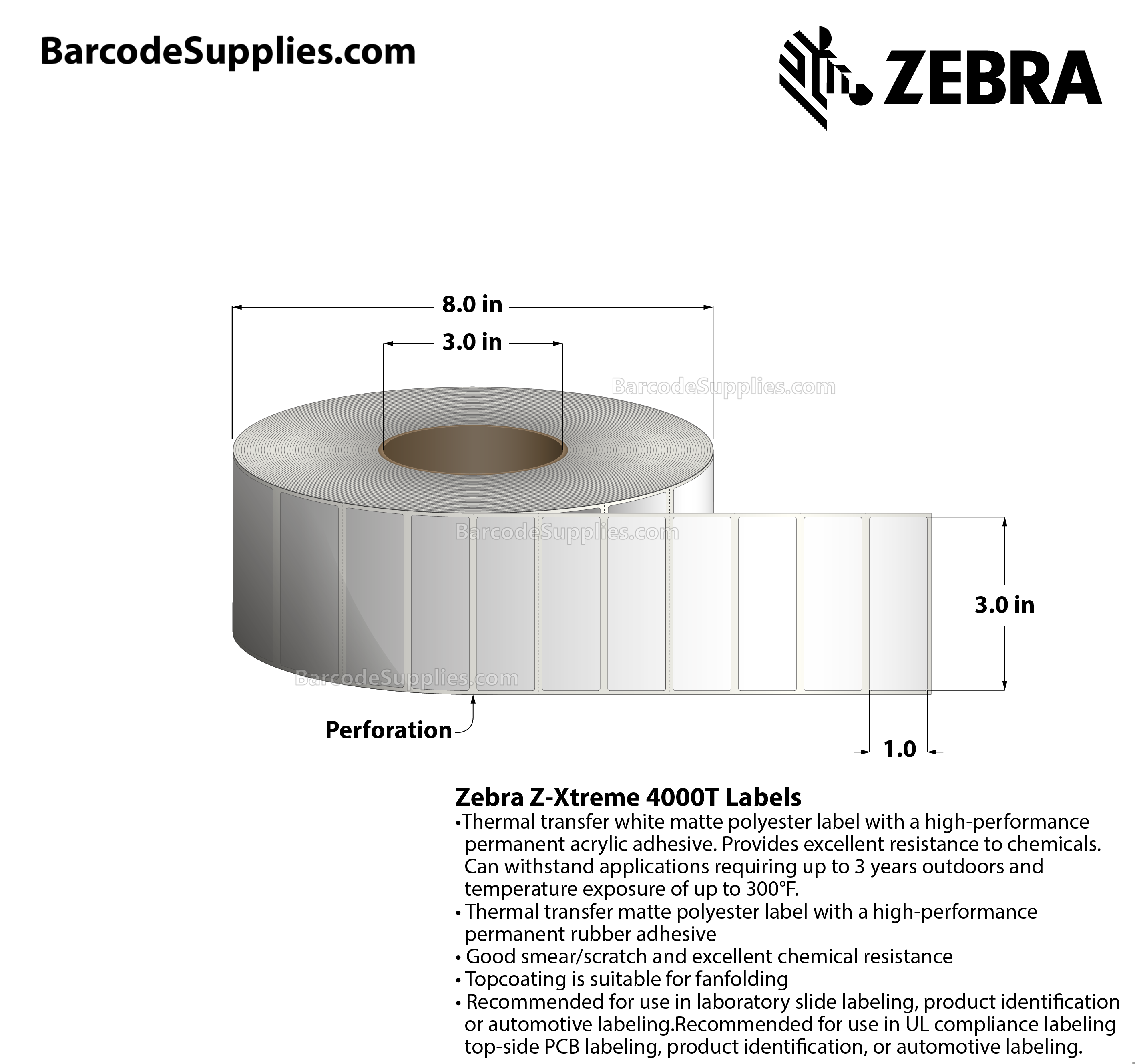 3 x 1 Thermal Transfer White Z-Xtreme 4000T White Labels With Permanent Adhesive - Perforated - 3000 Labels Per Roll - Carton Of 1 Rolls - 3000 Labels Total - MPN: 10023245
