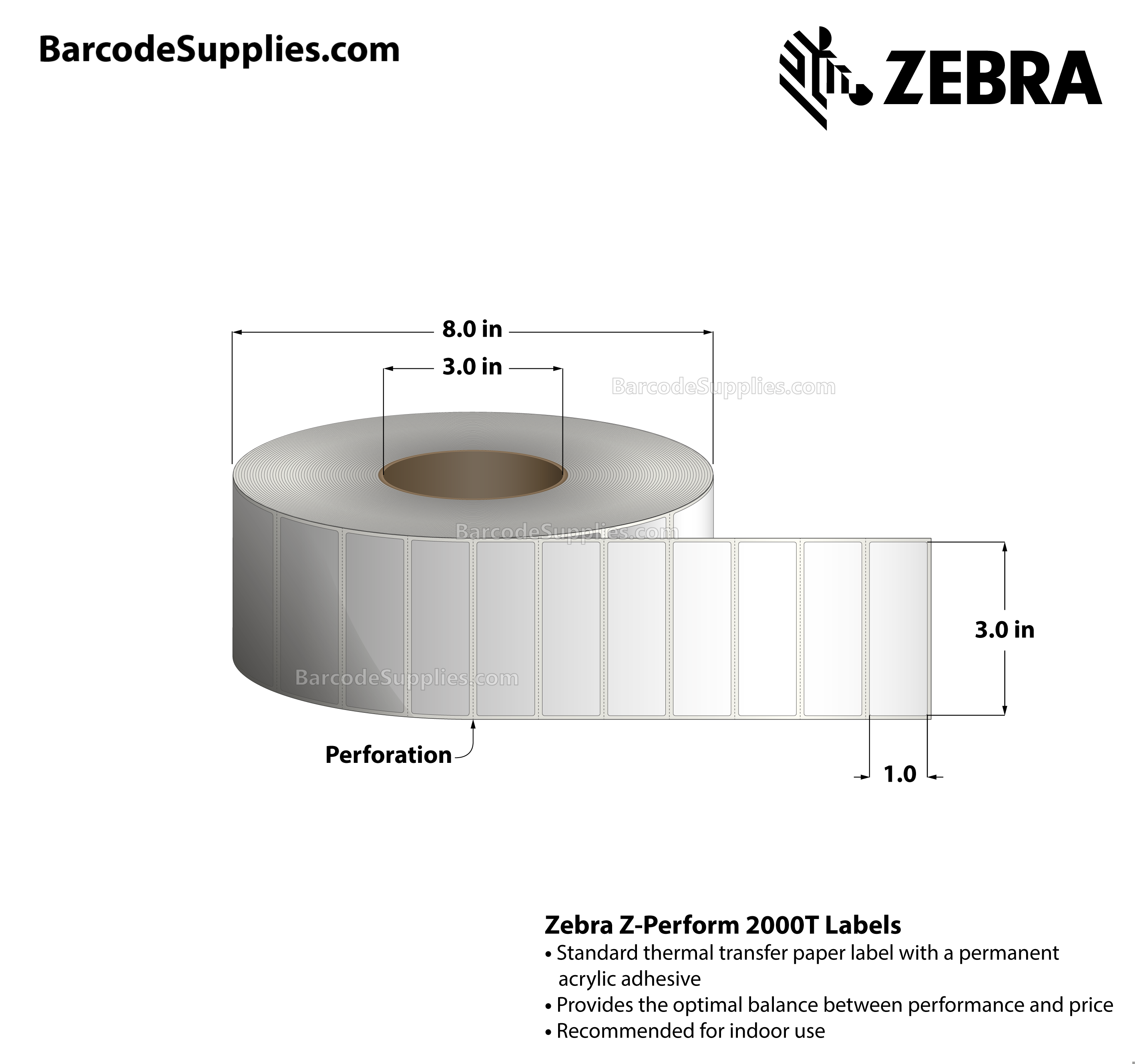 3 x 1 Thermal Transfer White Z-Perform 2000T Labels With Permanent Adhesive - Perforated - 5500 Labels Per Roll - Carton Of 6 Rolls - 33000 Labels Total - MPN: 10000287